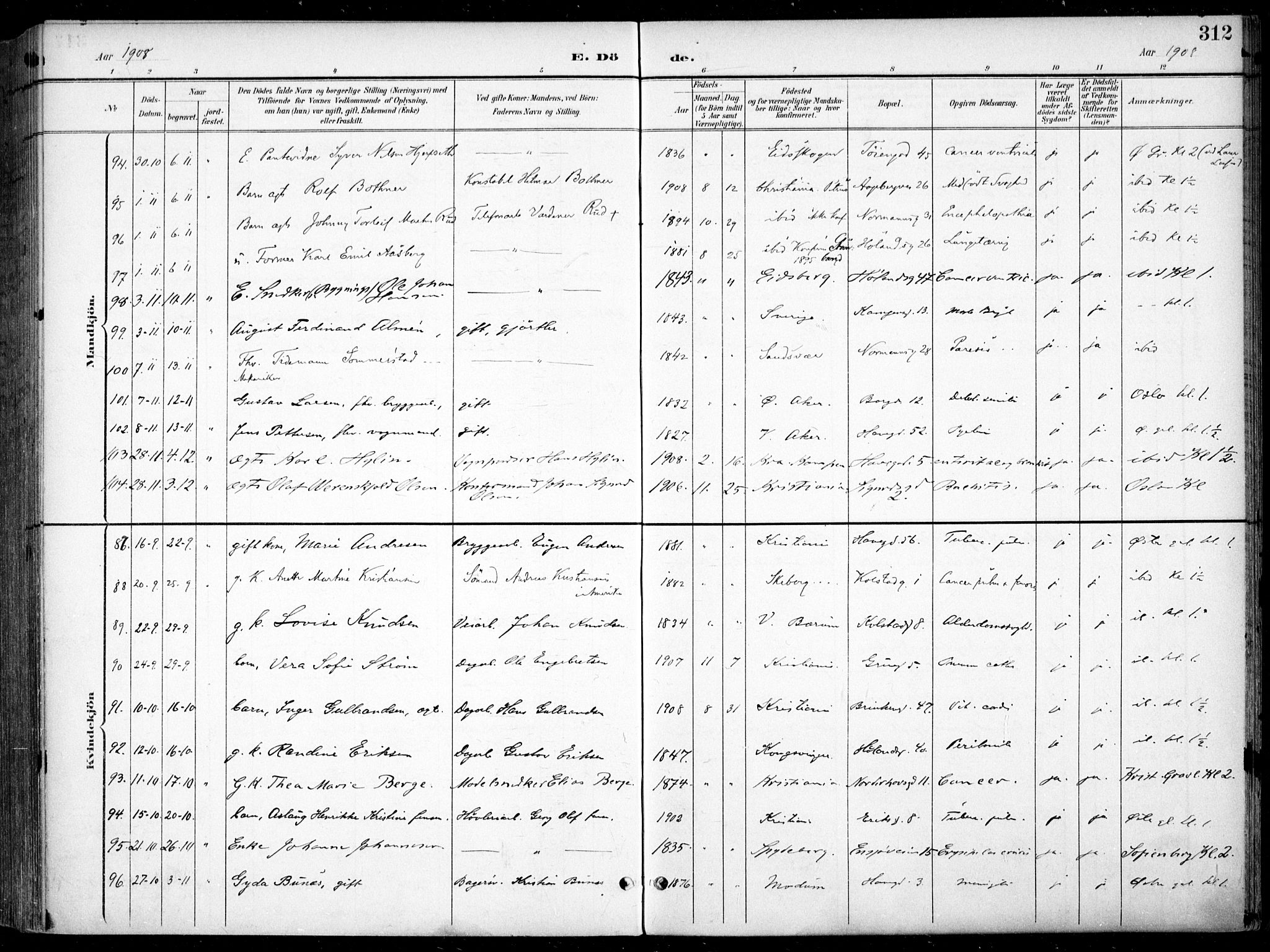 Kampen prestekontor Kirkebøker, SAO/A-10853/F/Fa/L0009: Parish register (official) no. I 9, 1899-1911, p. 312