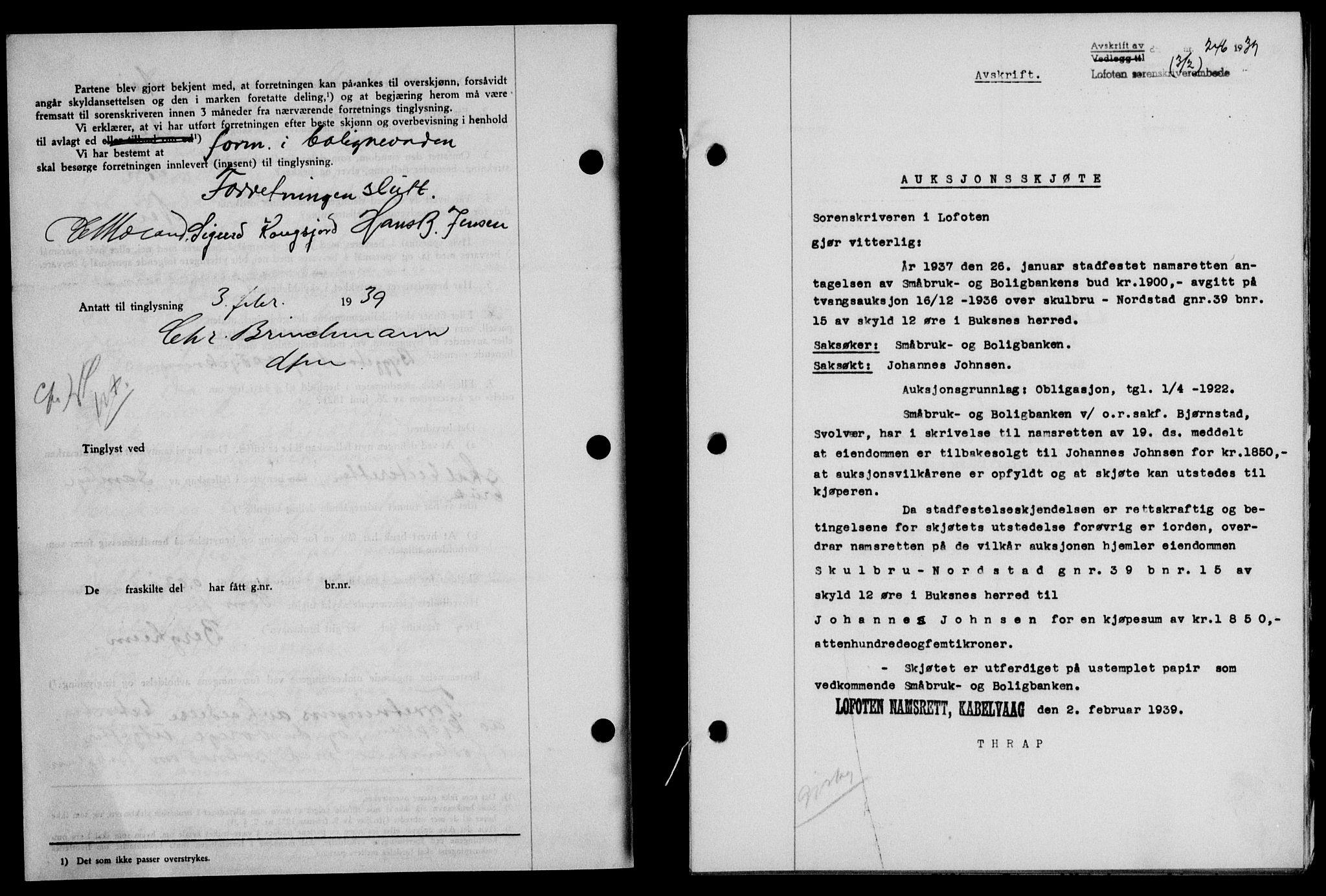 Lofoten sorenskriveri, SAT/A-0017/1/2/2C/L0005a: Mortgage book no. 5a, 1939-1939, Diary no: : 246/1939