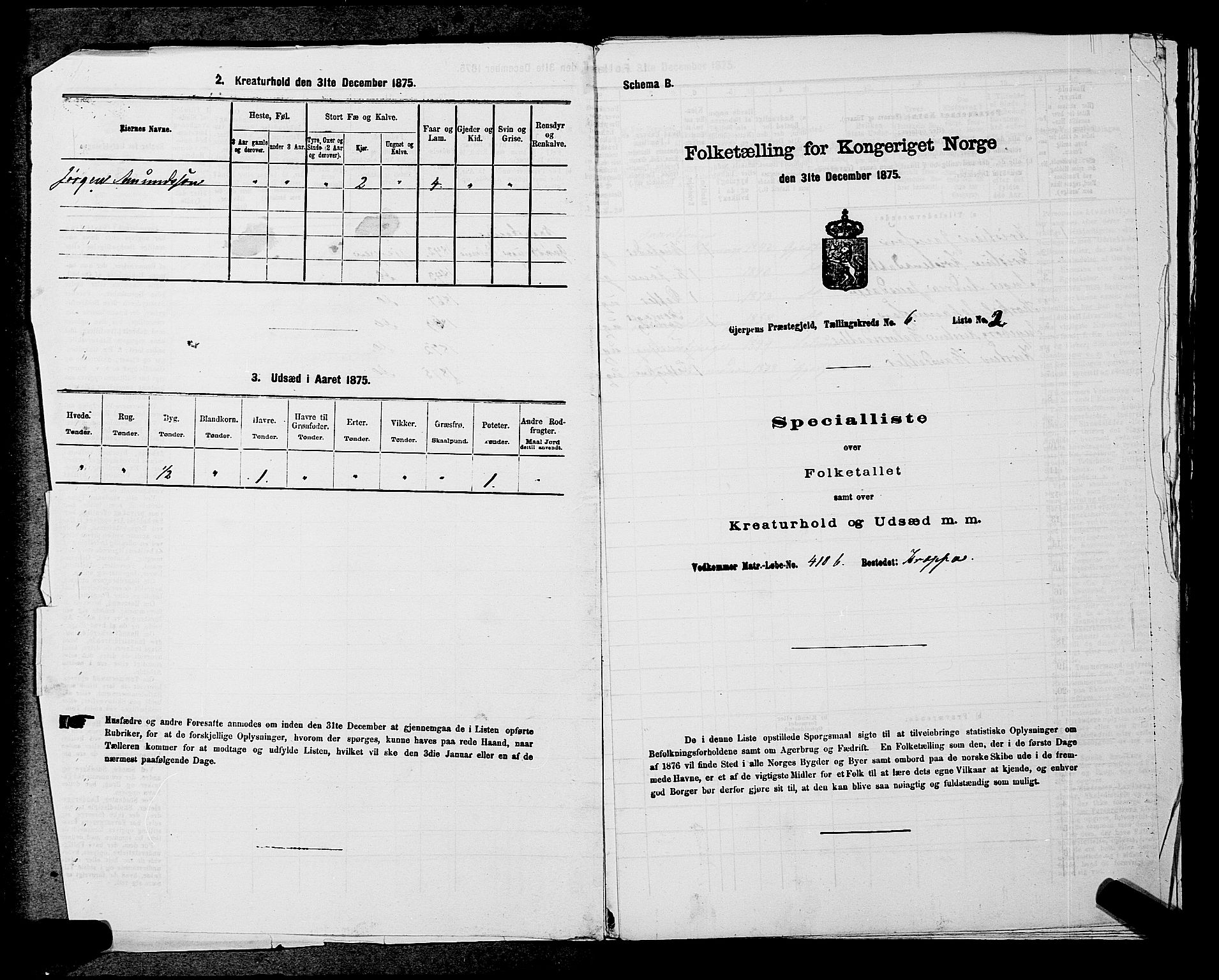 SAKO, 1875 census for 0812P Gjerpen, 1875, p. 725