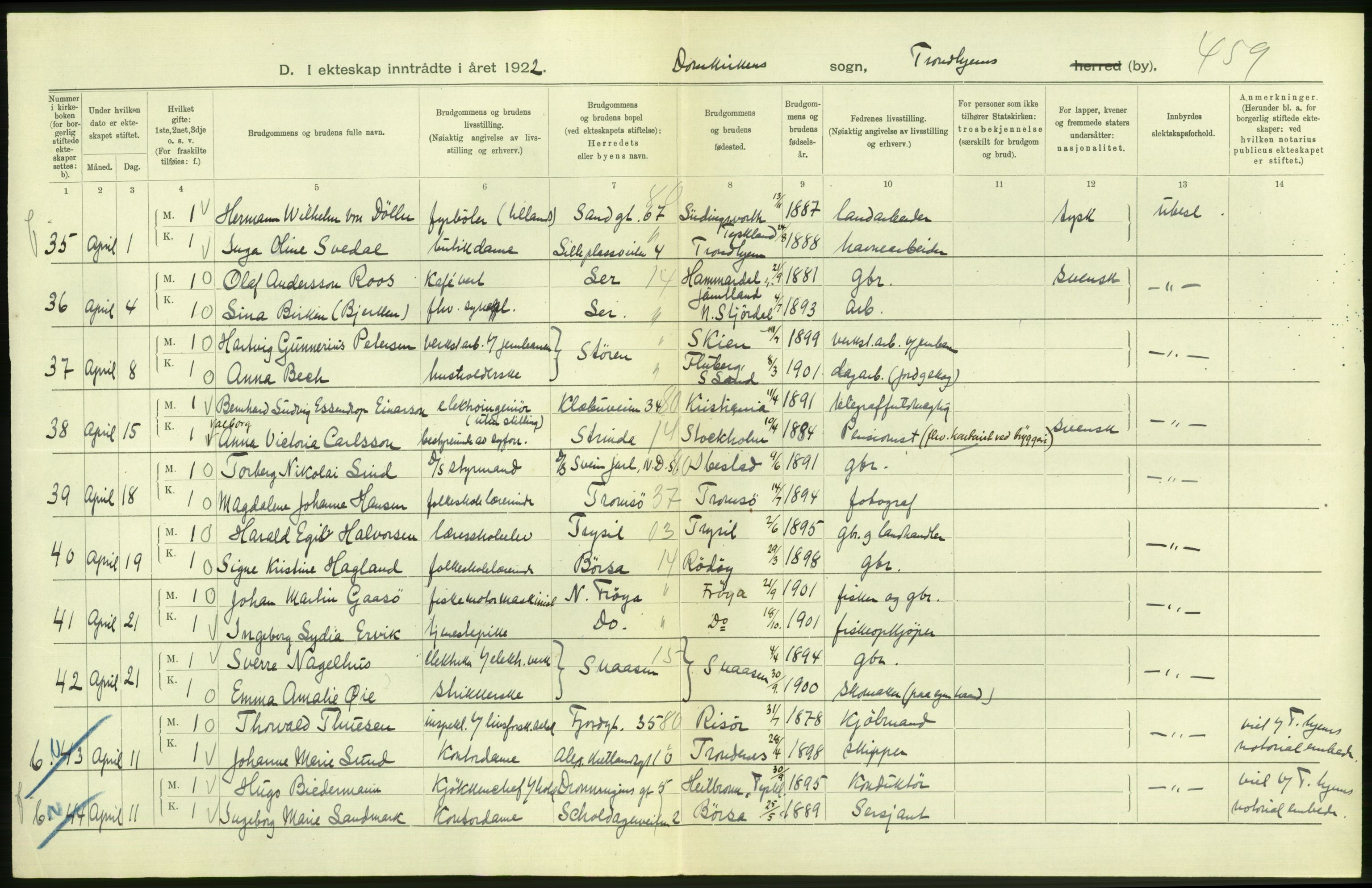 Statistisk sentralbyrå, Sosiodemografiske emner, Befolkning, AV/RA-S-2228/D/Df/Dfc/Dfcb/L0040: Trondheim: Gifte, døde, dødfødte., 1922, p. 14