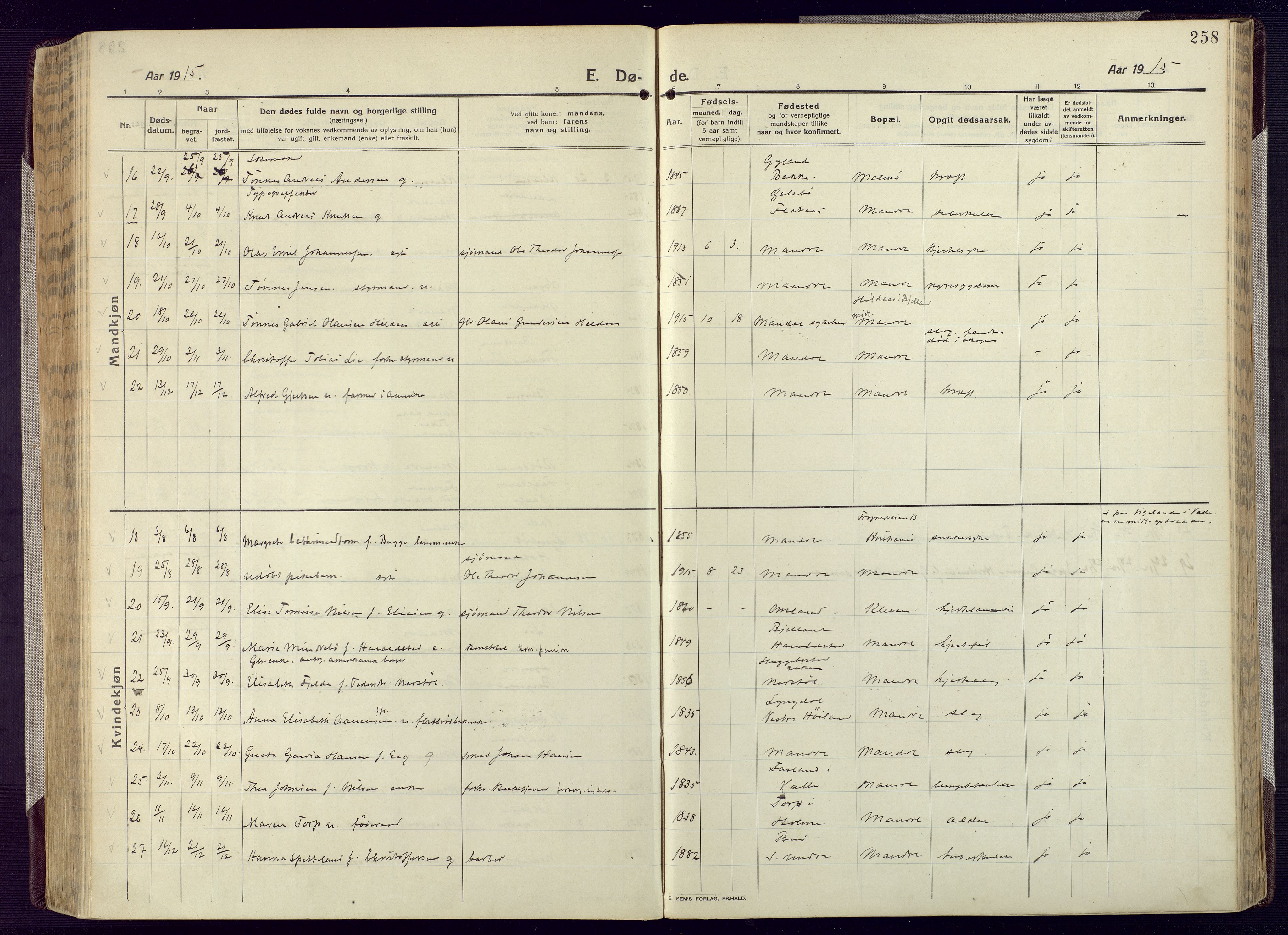 Mandal sokneprestkontor, AV/SAK-1111-0030/F/Fa/Fac/L0001: Parish register (official) no. A 1, 1913-1925, p. 258