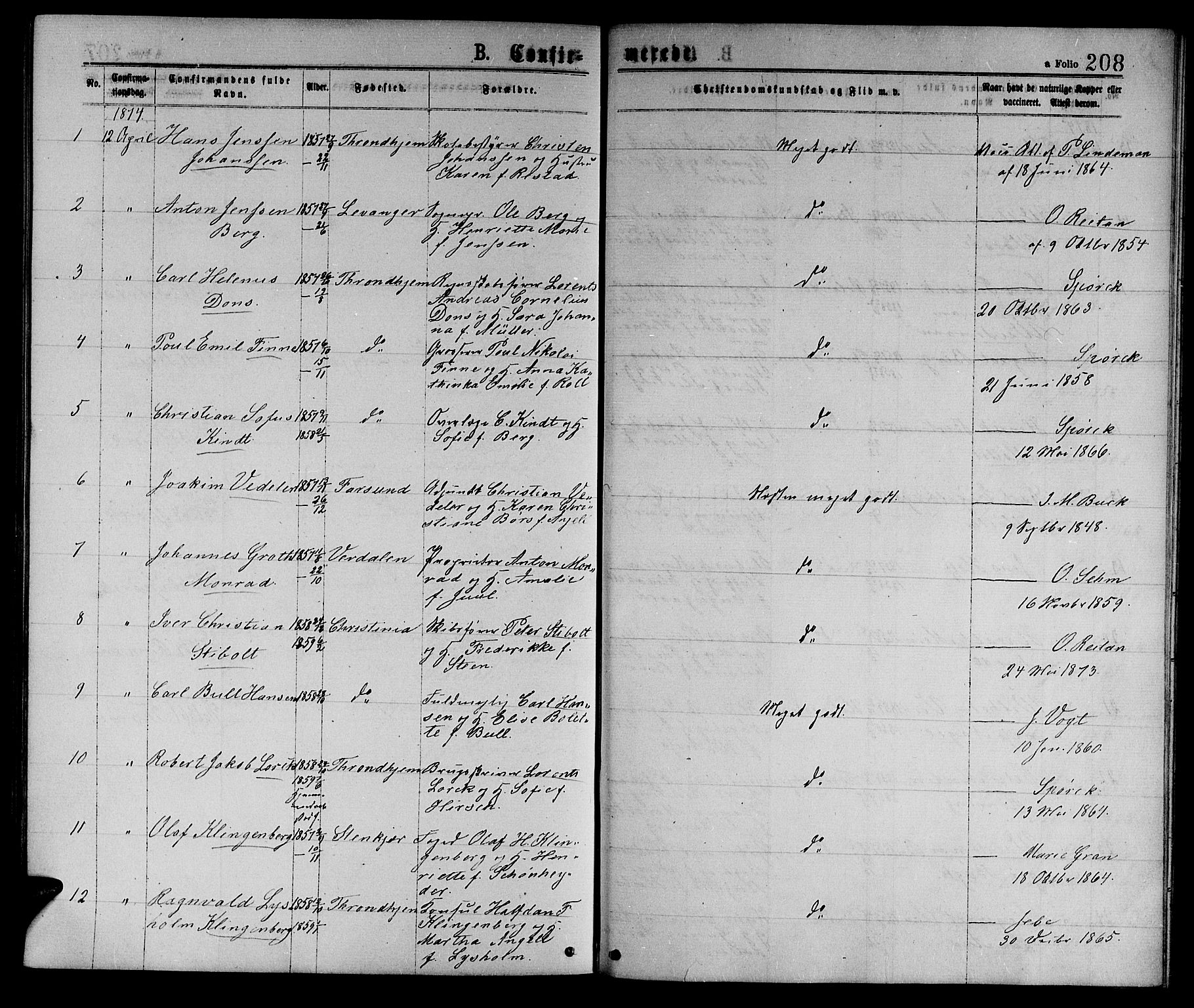 Ministerialprotokoller, klokkerbøker og fødselsregistre - Sør-Trøndelag, SAT/A-1456/601/L0088: Parish register (copy) no. 601C06, 1870-1878, p. 208