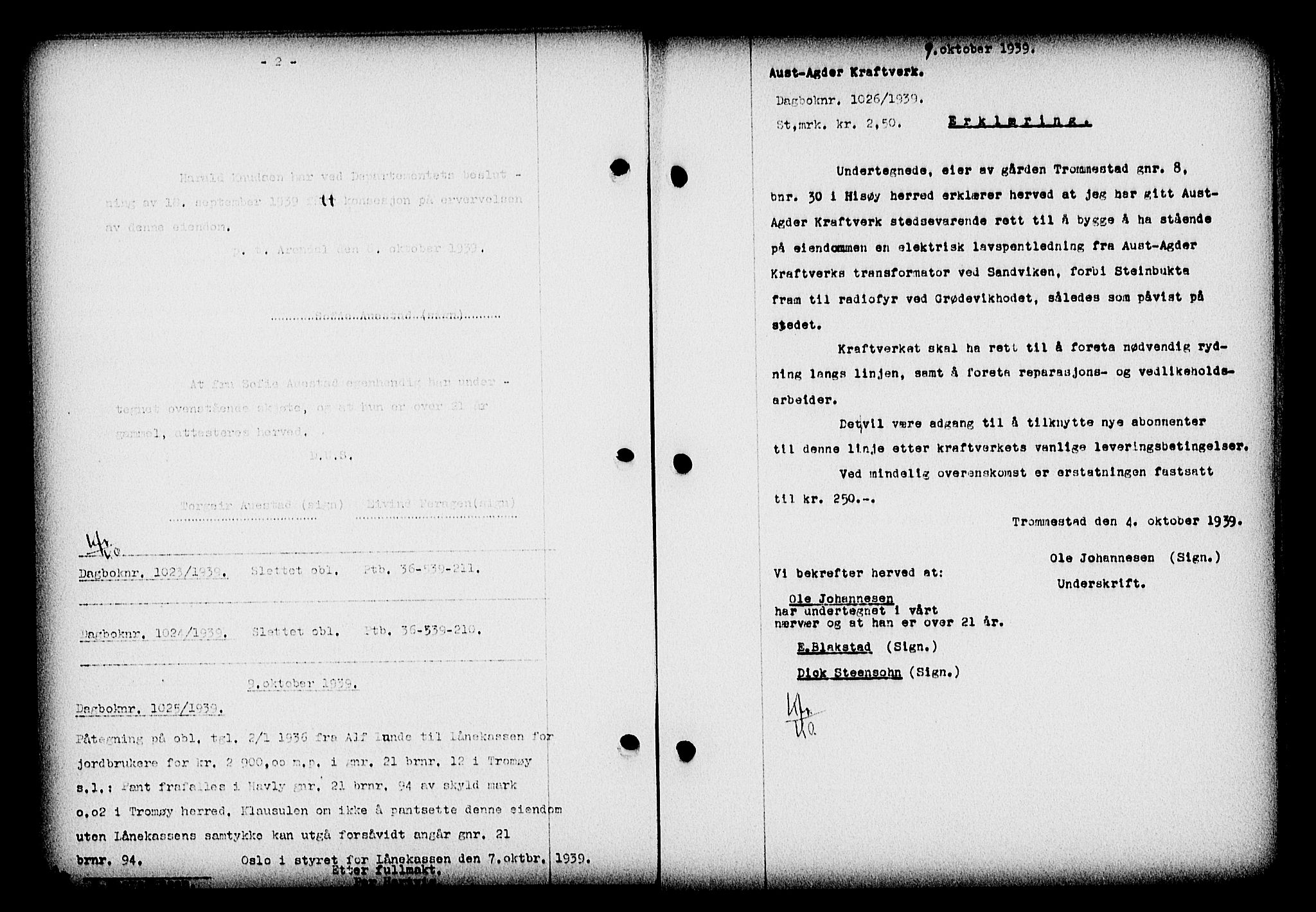 Nedenes sorenskriveri, SAK/1221-0006/G/Gb/Gba/L0047: Mortgage book no. A-I, 1939-1940, Diary no: : 1026/1939