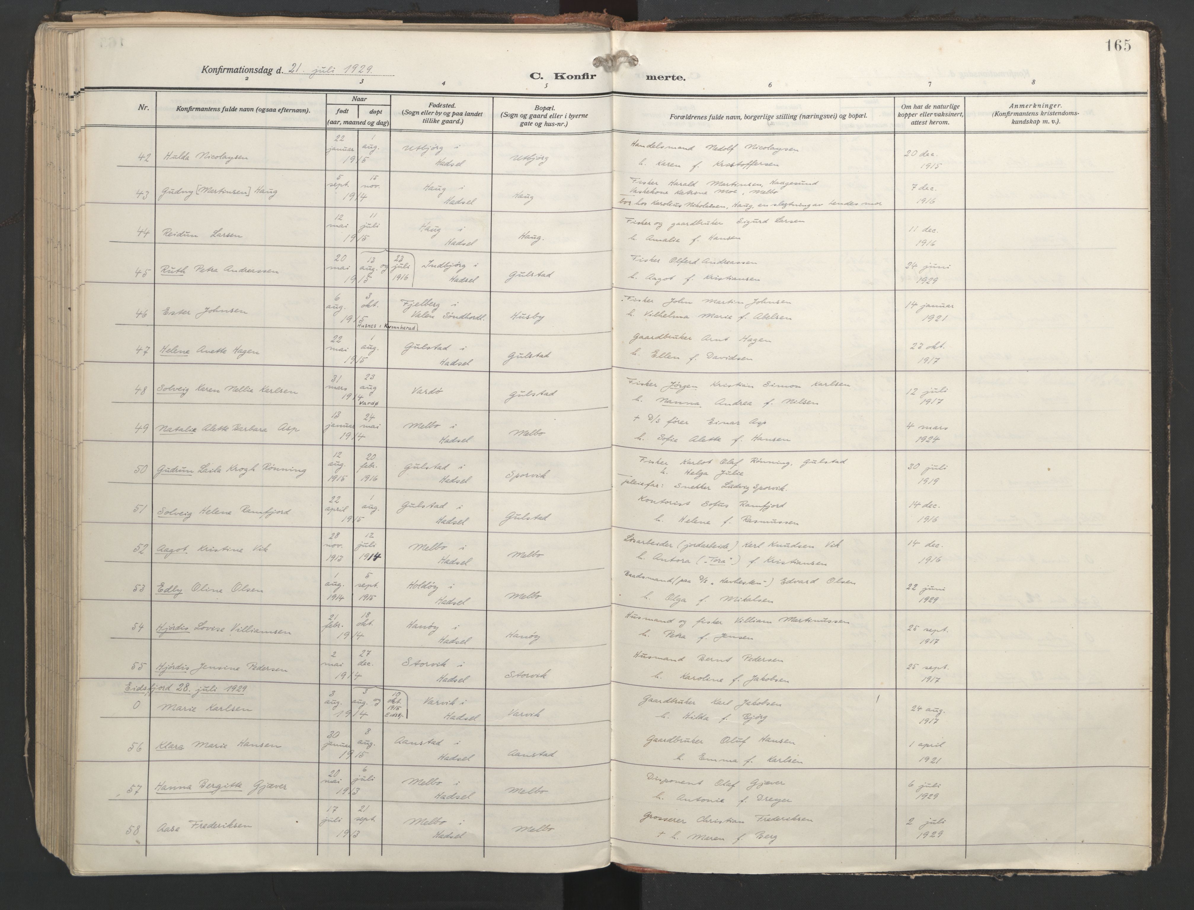 Ministerialprotokoller, klokkerbøker og fødselsregistre - Nordland, AV/SAT-A-1459/888/L1249: Parish register (official) no. 888A15, 1911-1929, p. 165