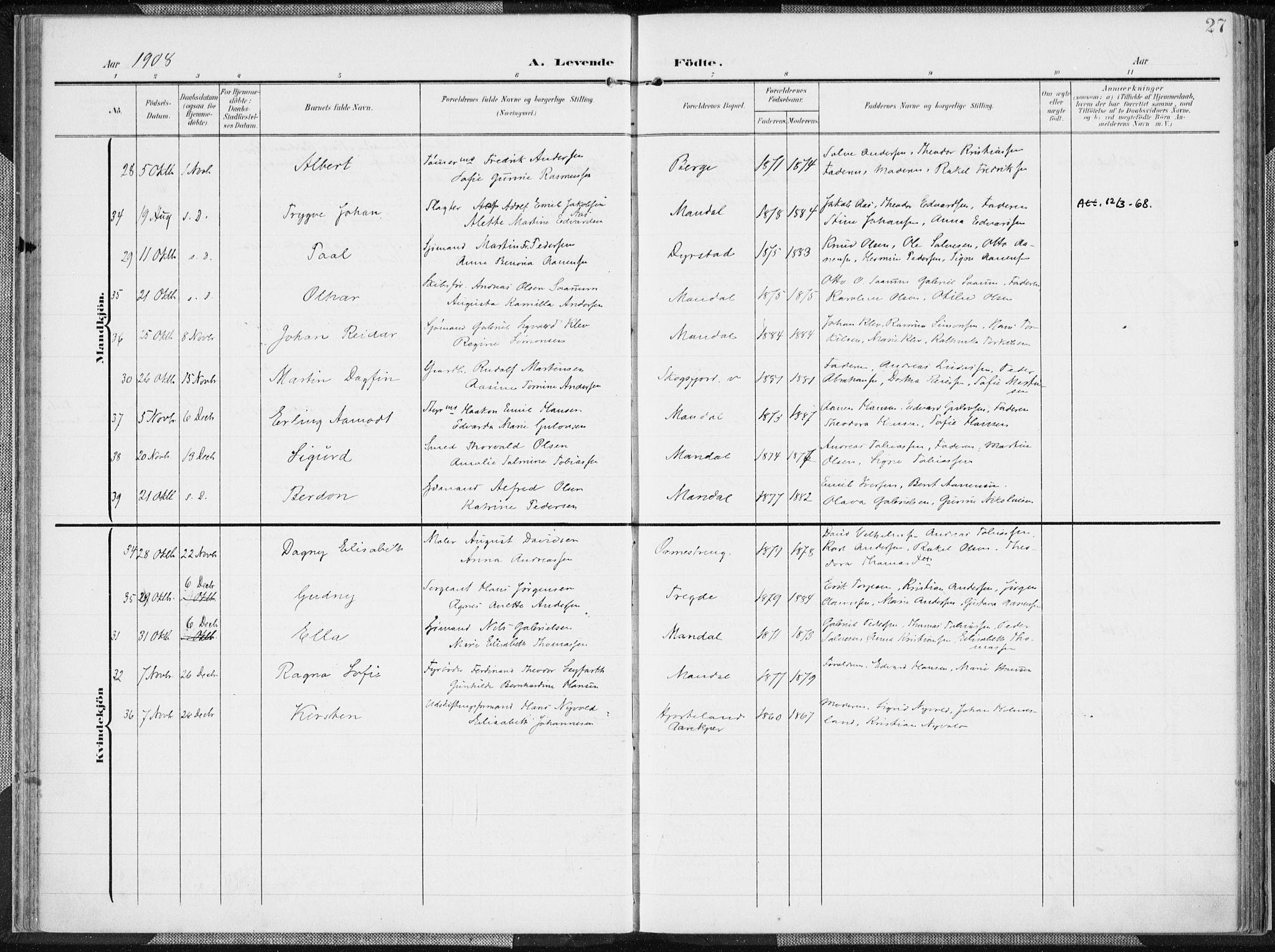 Mandal sokneprestkontor, AV/SAK-1111-0030/F/Fa/Faa/L0020: Parish register (official) no. A 20, 1906-1912, p. 27