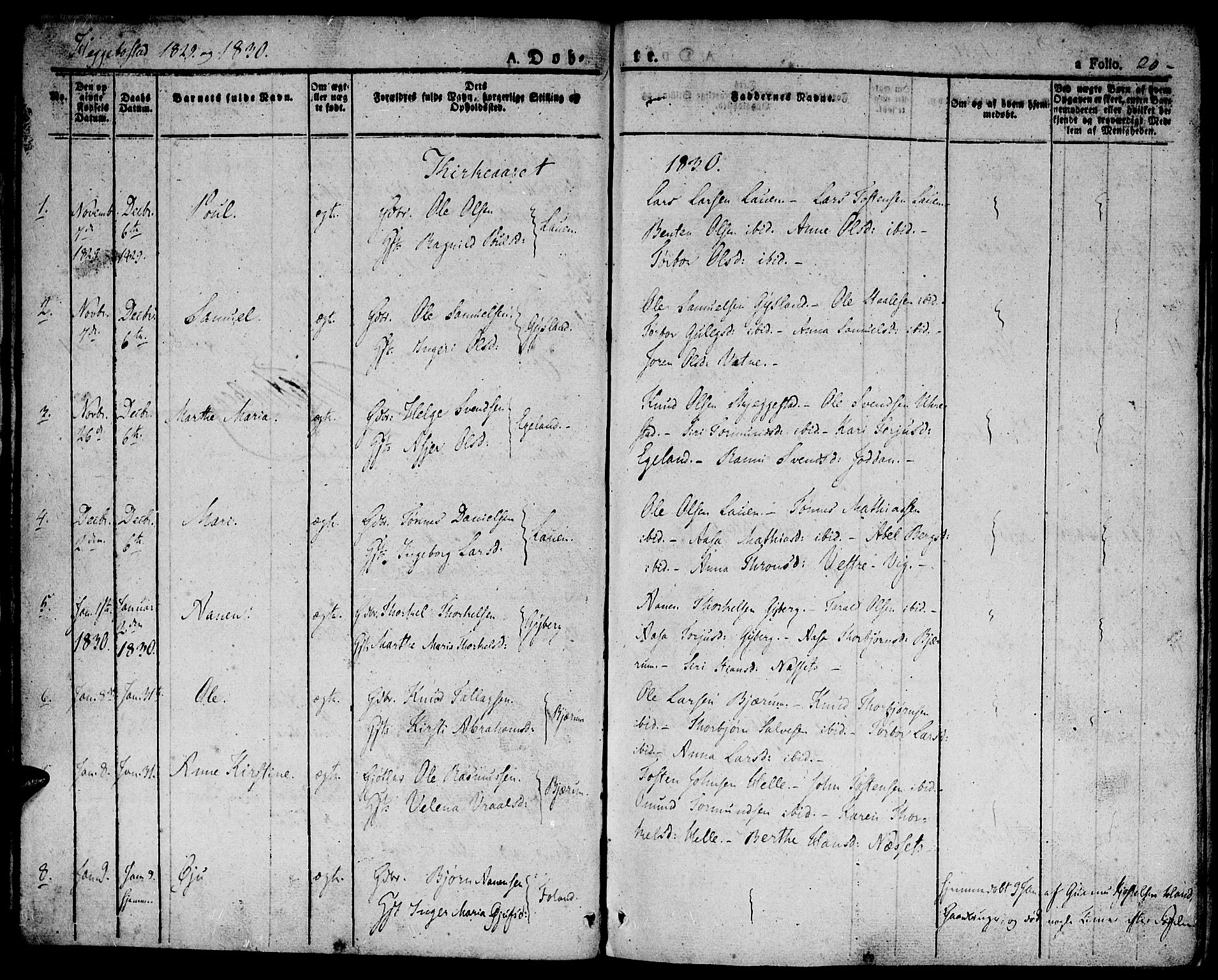 Hægebostad sokneprestkontor, AV/SAK-1111-0024/F/Fa/Faa/L0003: Parish register (official) no. A 3 /1, 1825-1834, p. 20