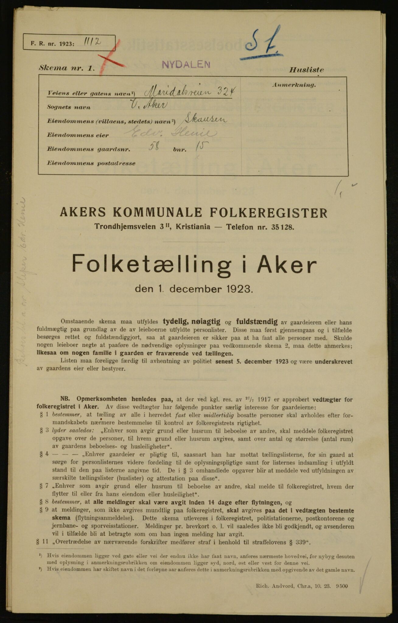 , Municipal Census 1923 for Aker, 1923, p. 14895