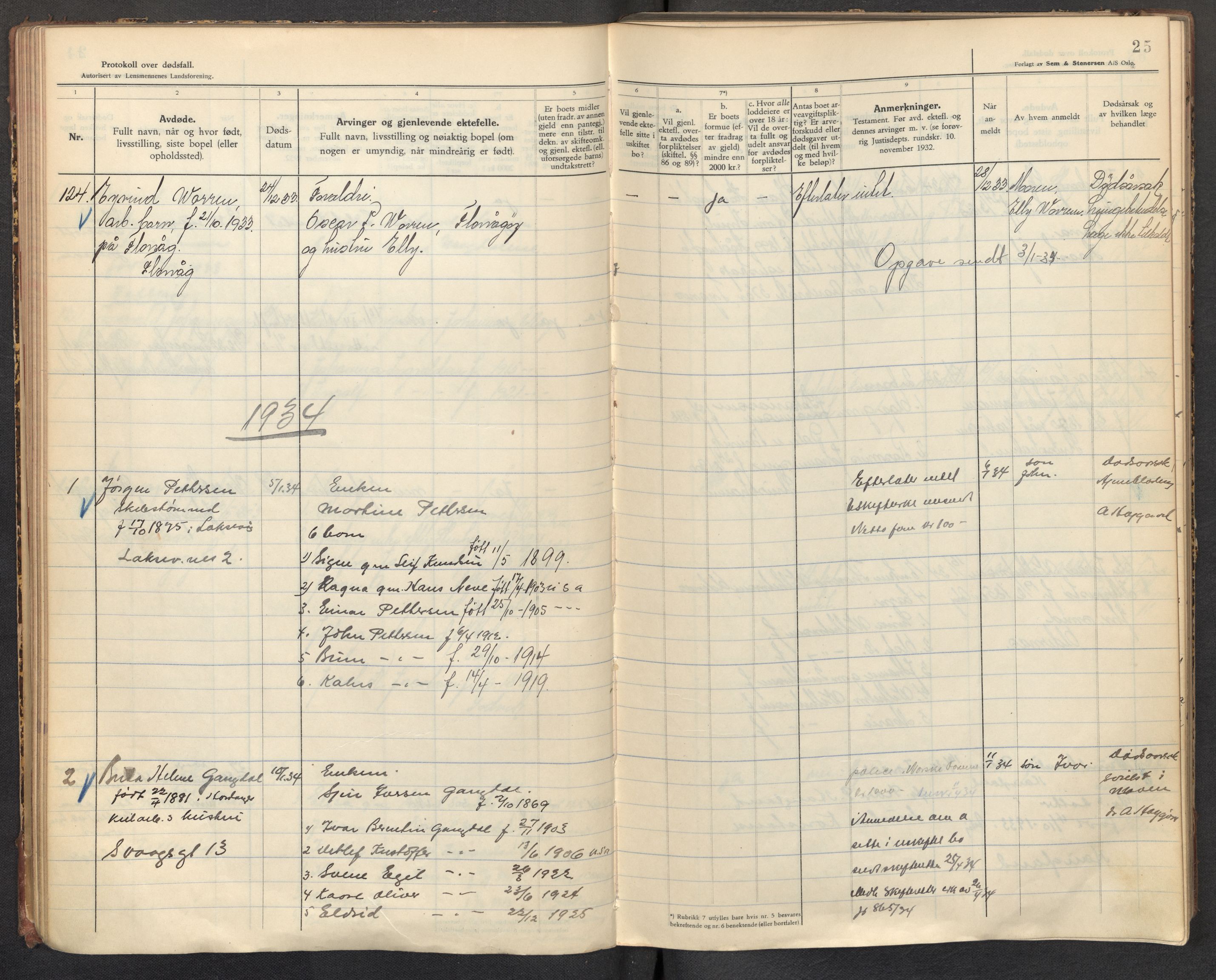 Lensmannen i Laksevåg, AV/SAB-A-33401/0006/L0001: Dødsfallprotokoll, 1933-1939, p. 25