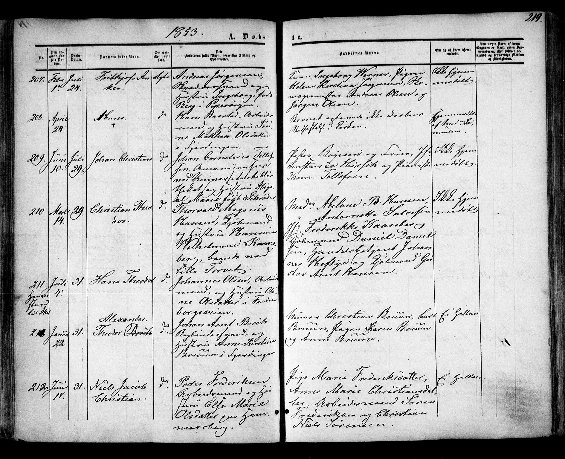 Oslo domkirke Kirkebøker, SAO/A-10752/F/Fa/L0014: Parish register (official) no. 14, 1850-1857, p. 219