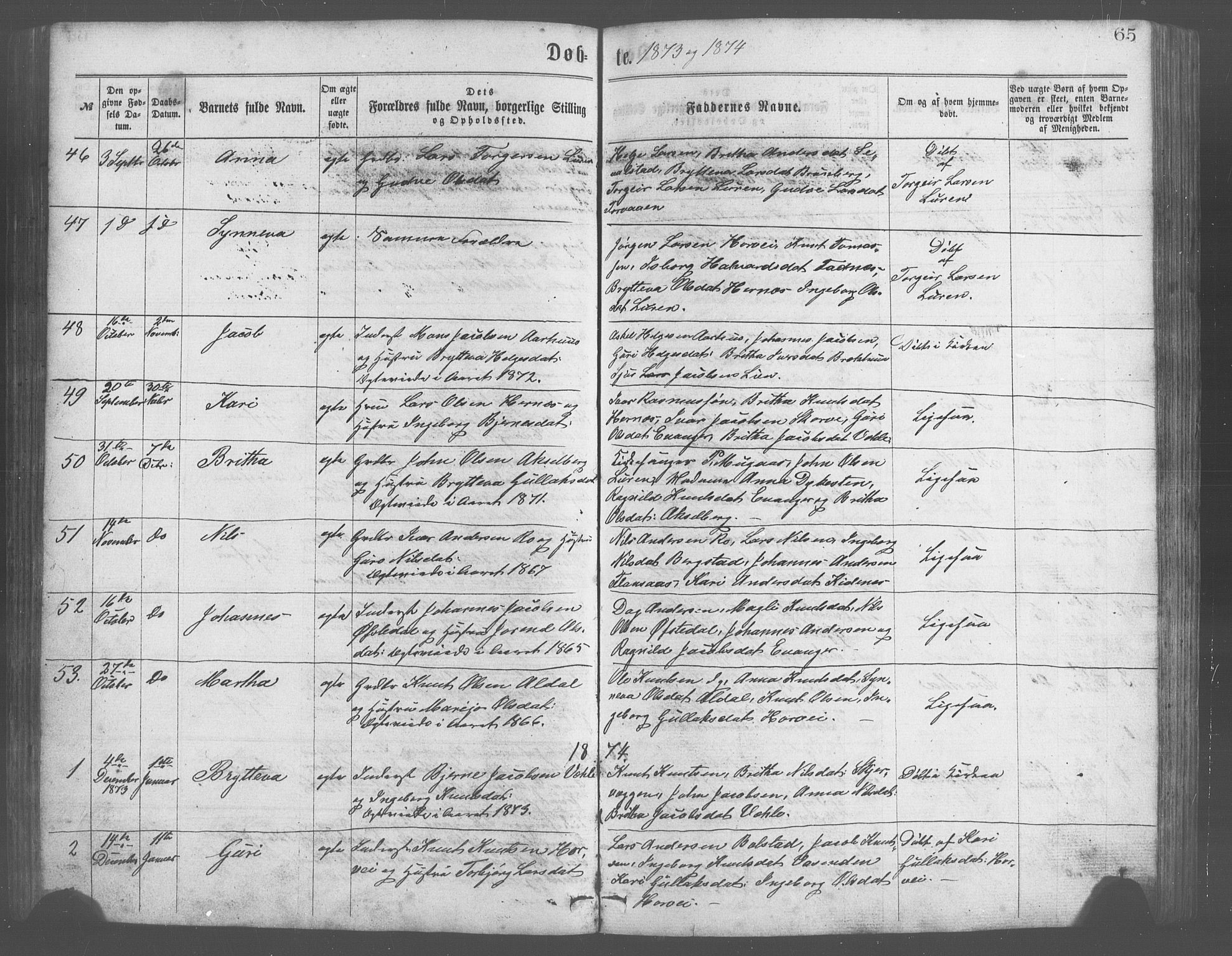 Evanger sokneprestembete, SAB/A-99924: Parish register (copy) no. A 2, 1863-1879, p. 65