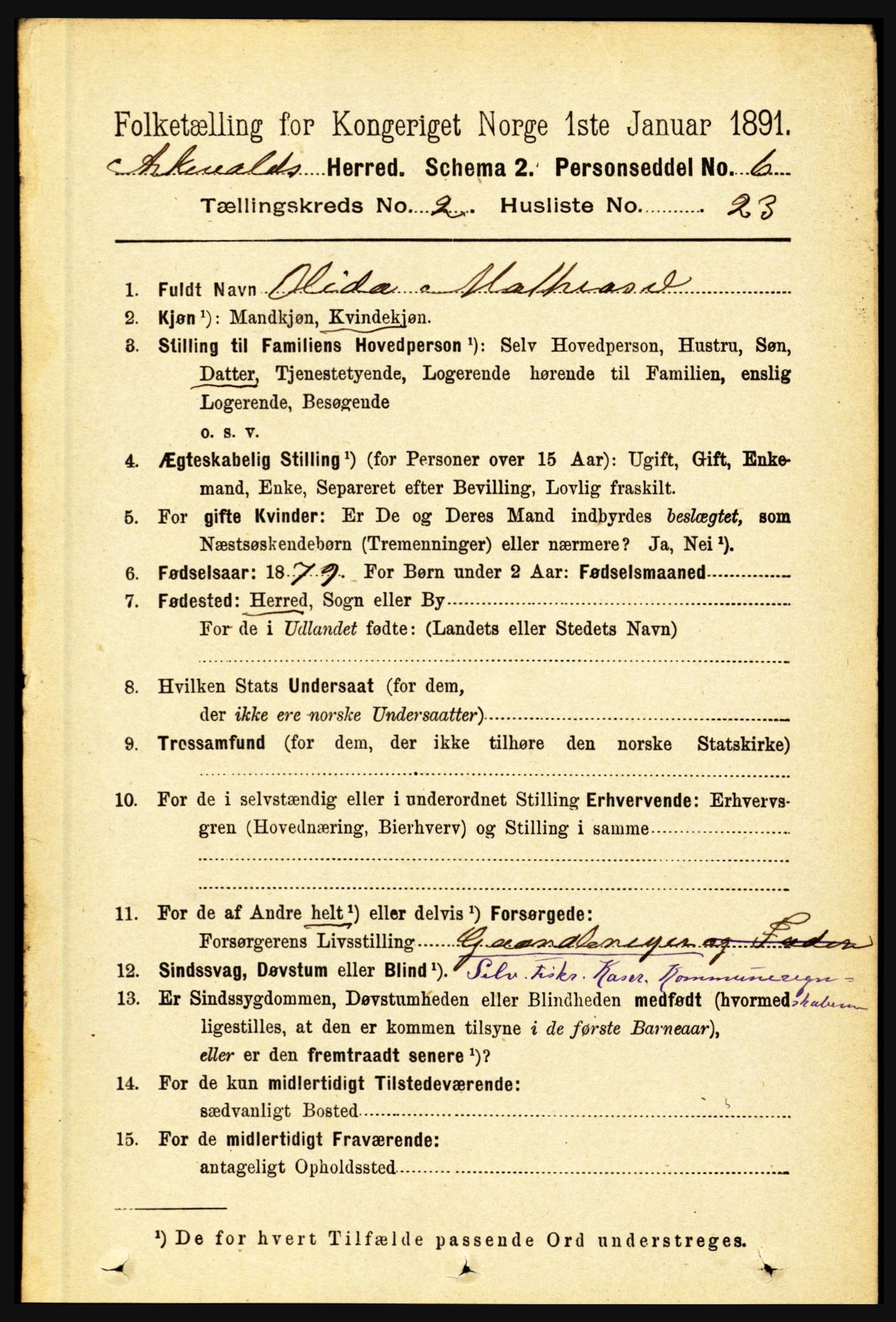 RA, 1891 census for 1428 Askvoll, 1891, p. 586