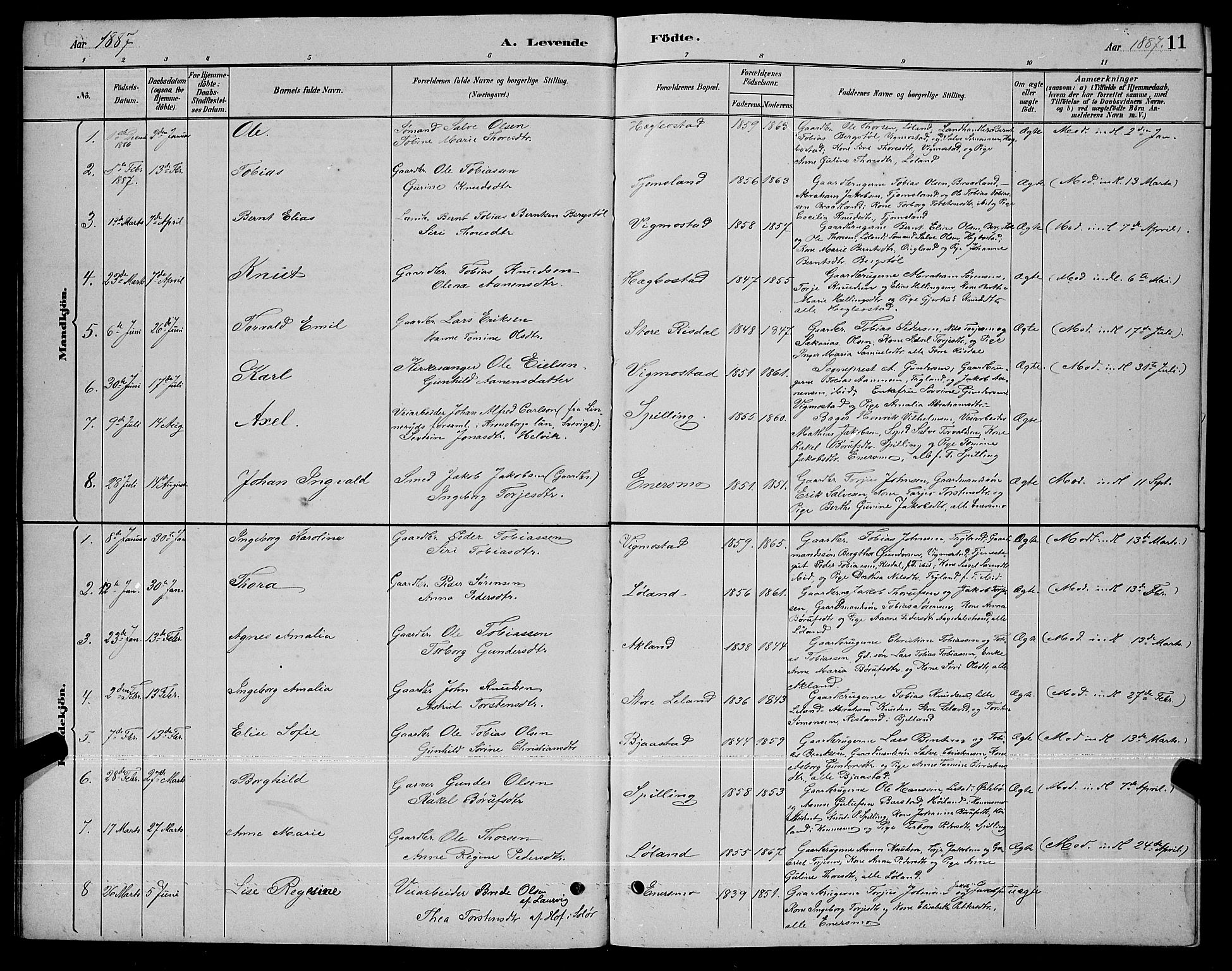 Nord-Audnedal sokneprestkontor, AV/SAK-1111-0032/F/Fb/Fbb/L0003: Parish register (copy) no. B 3, 1882-1900, p. 11