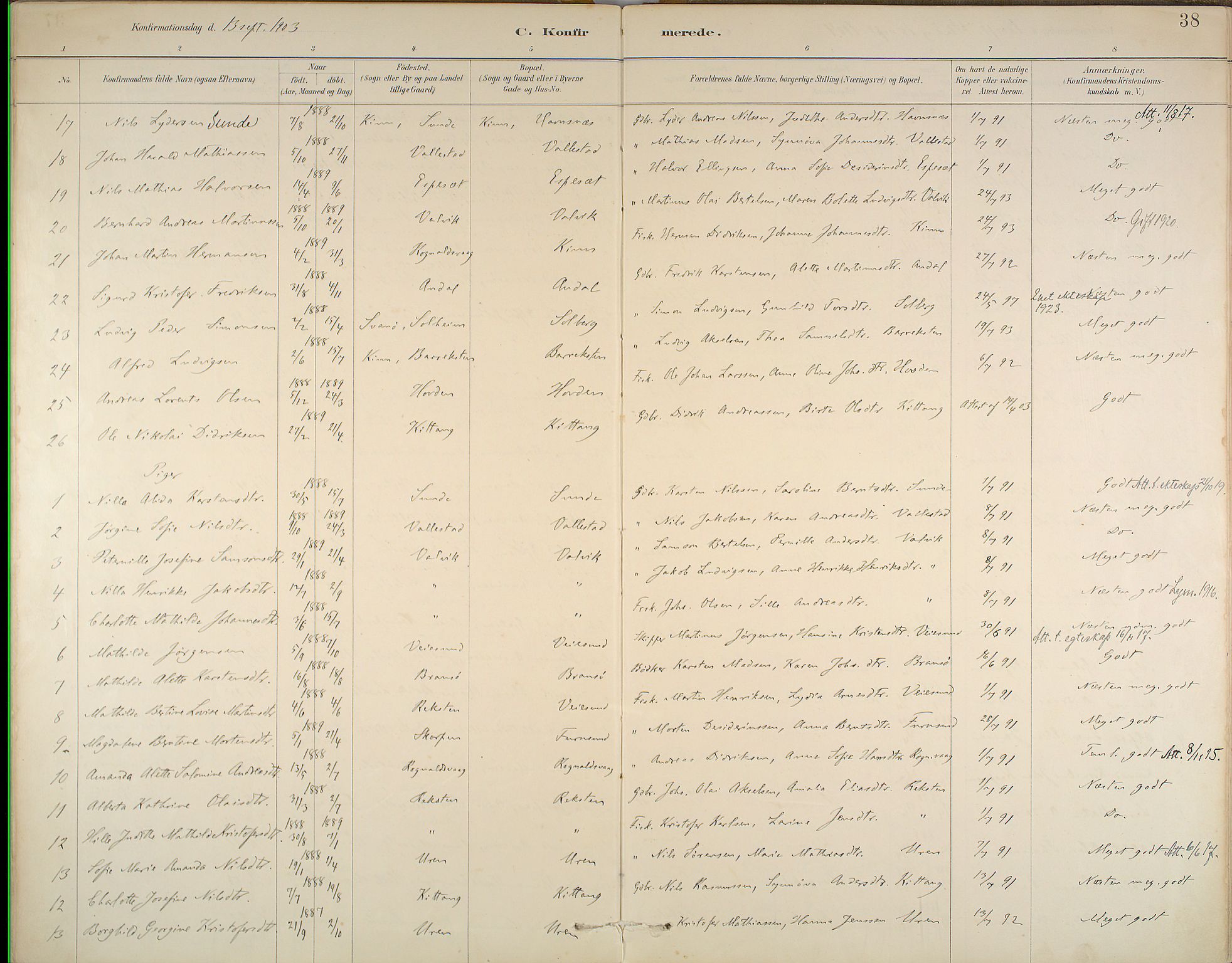 Kinn sokneprestembete, AV/SAB-A-80801/H/Haa/Haab/L0006: Parish register (official) no. B 6, 1883-1925, p. 38