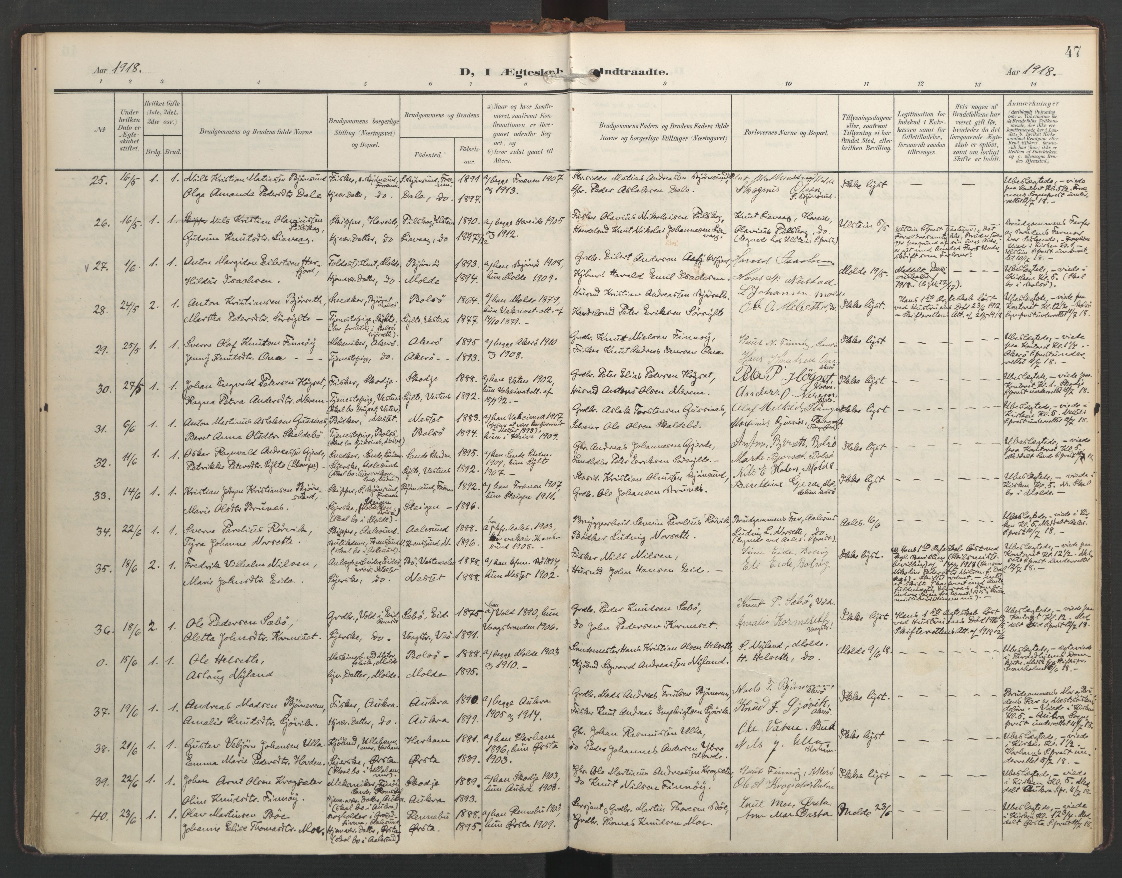 Ministerialprotokoller, klokkerbøker og fødselsregistre - Møre og Romsdal, SAT/A-1454/558/L0694: Parish register (official) no. 558A08, 1907-1922, p. 47