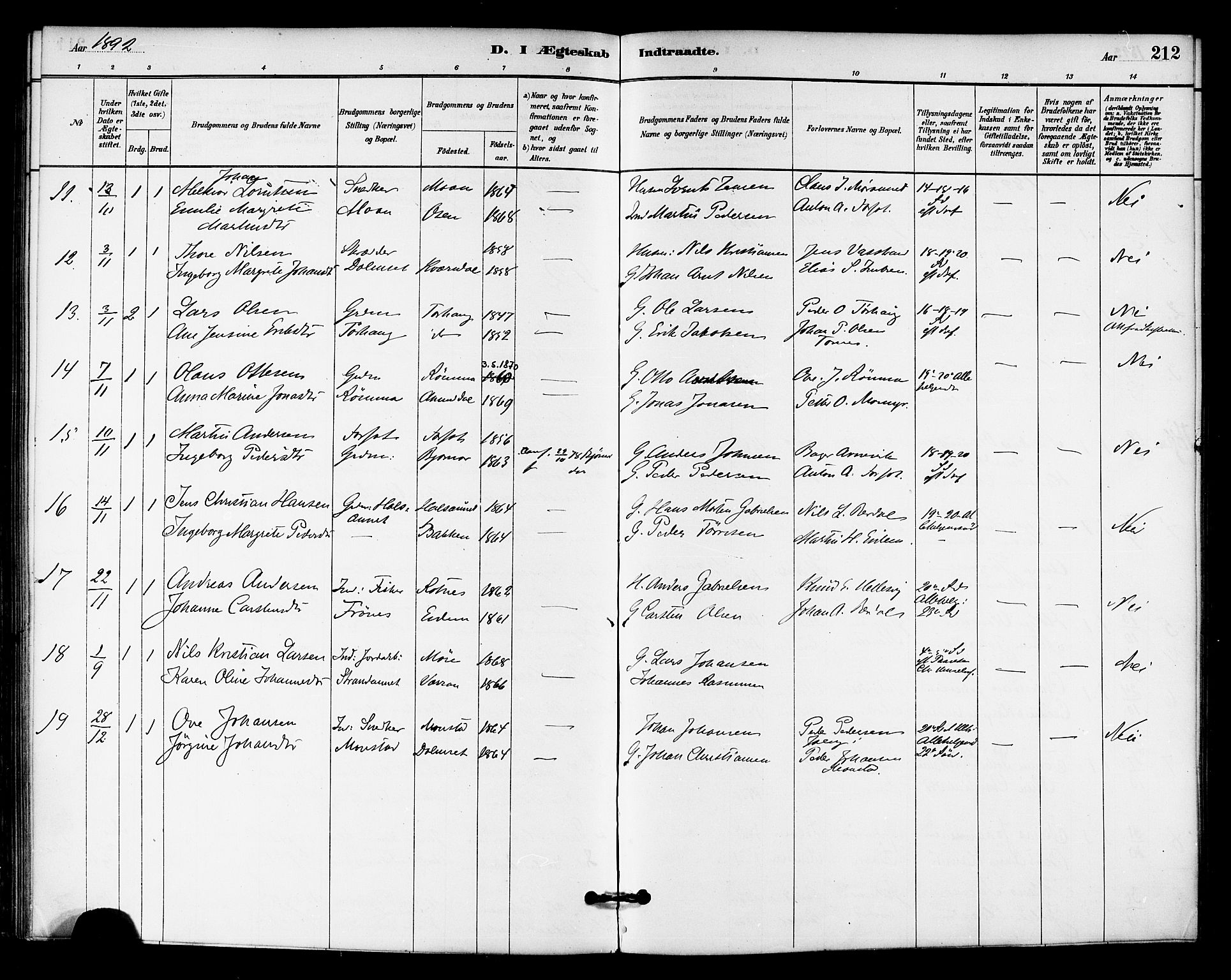 Ministerialprotokoller, klokkerbøker og fødselsregistre - Sør-Trøndelag, AV/SAT-A-1456/655/L0680: Parish register (official) no. 655A09, 1880-1894, p. 212