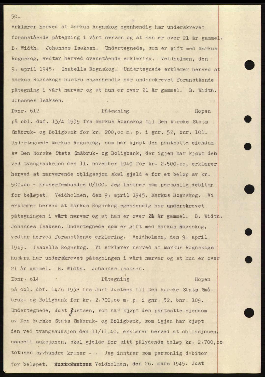 Nordmøre sorenskriveri, AV/SAT-A-4132/1/2/2Ca: Mortgage book no. C82a, 1945-1946, Diary no: : 612/1945