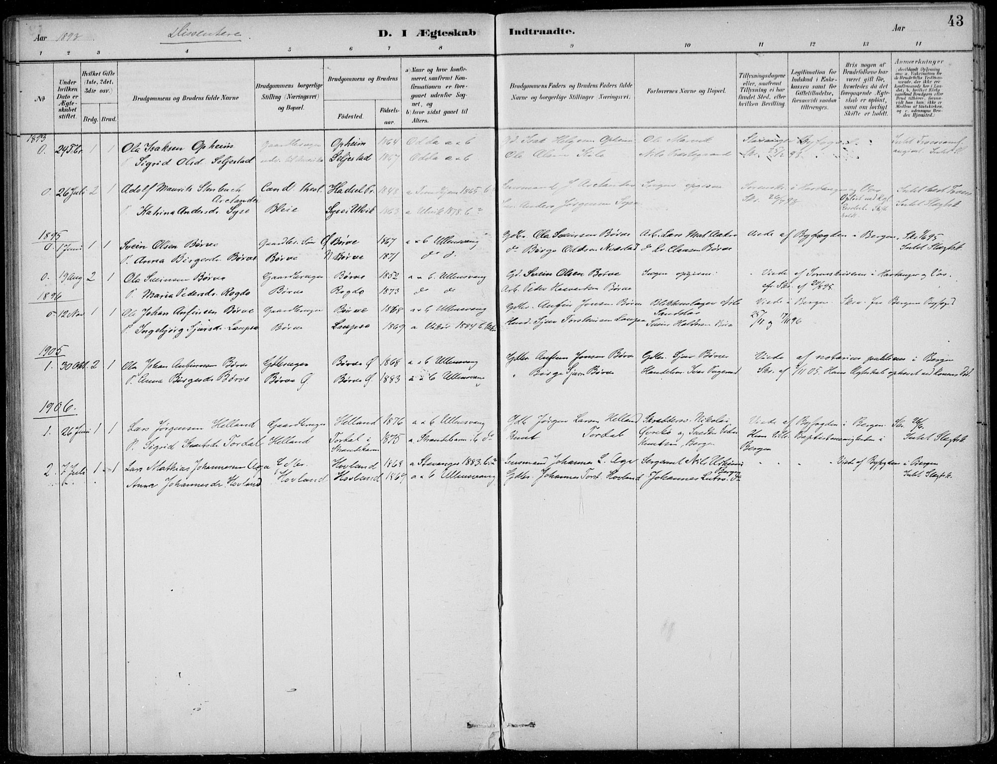 Ullensvang sokneprestembete, AV/SAB-A-78701/H/Haa: Parish register (official) no. B  3, 1882-1911, p. 43