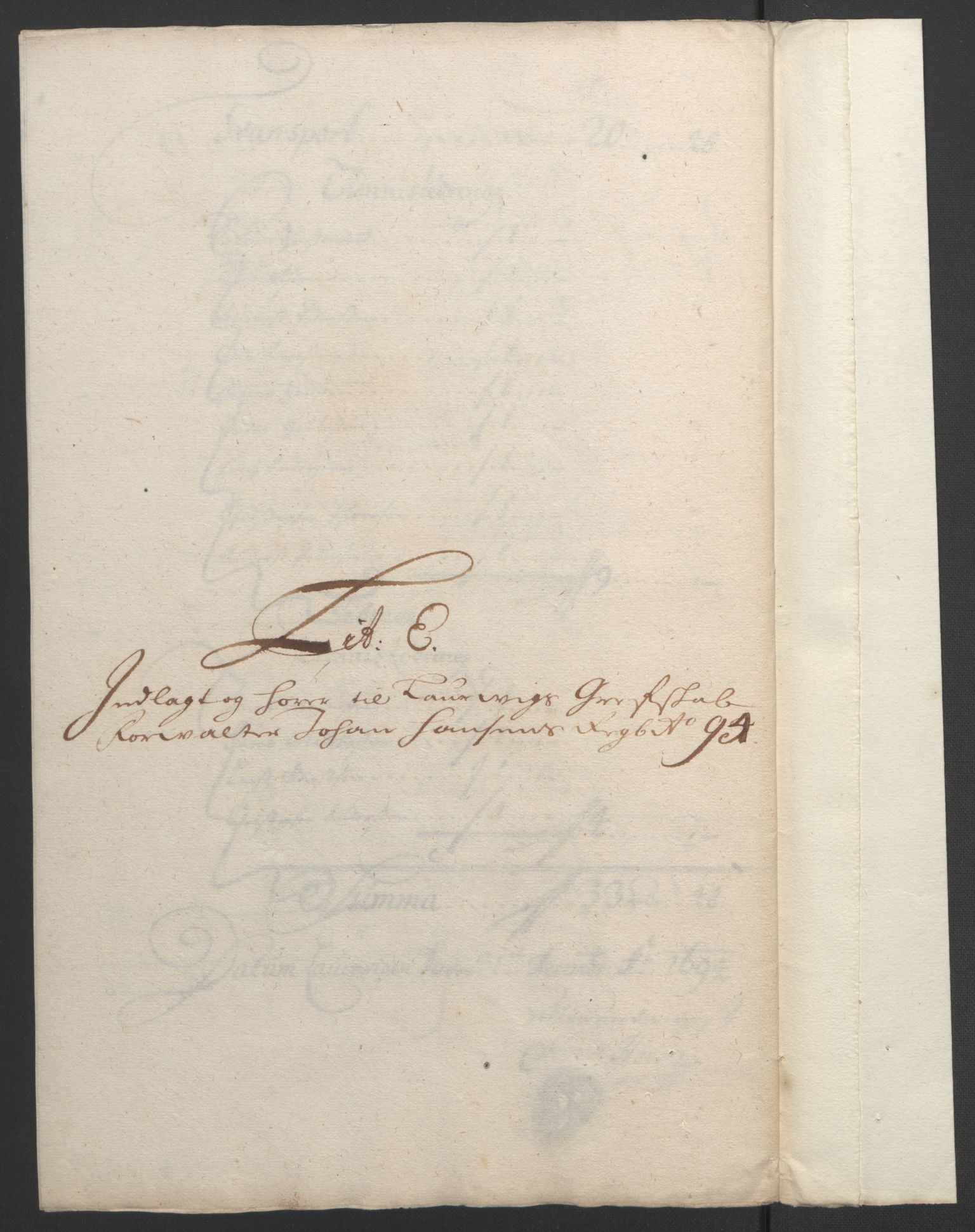 Rentekammeret inntil 1814, Reviderte regnskaper, Fogderegnskap, AV/RA-EA-4092/R33/L1974: Fogderegnskap Larvik grevskap, 1693-1695, p. 164