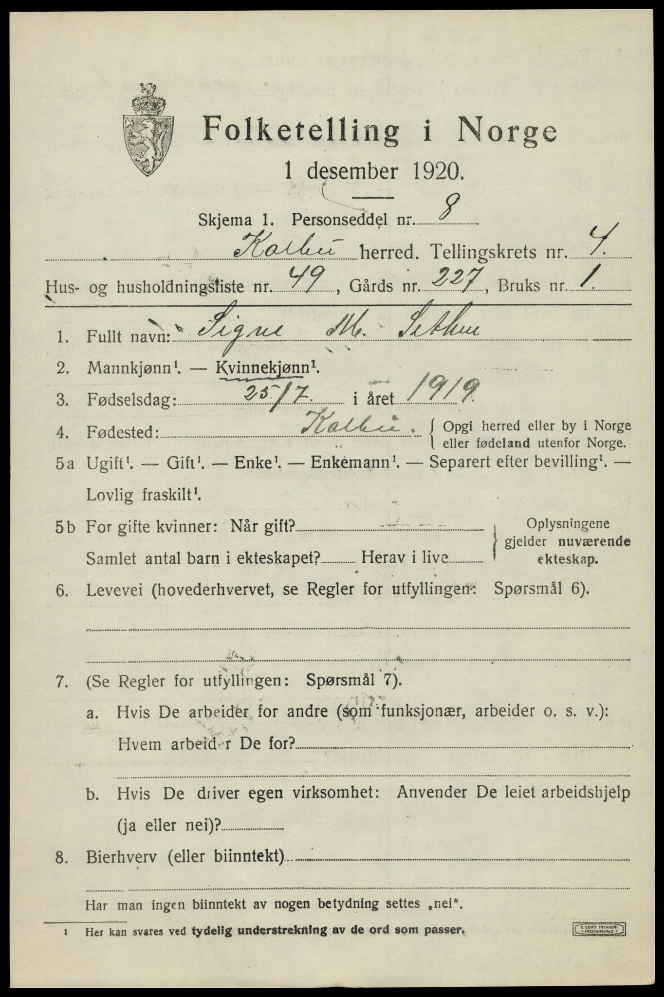 SAH, 1920 census for Kolbu, 1920, p. 3642