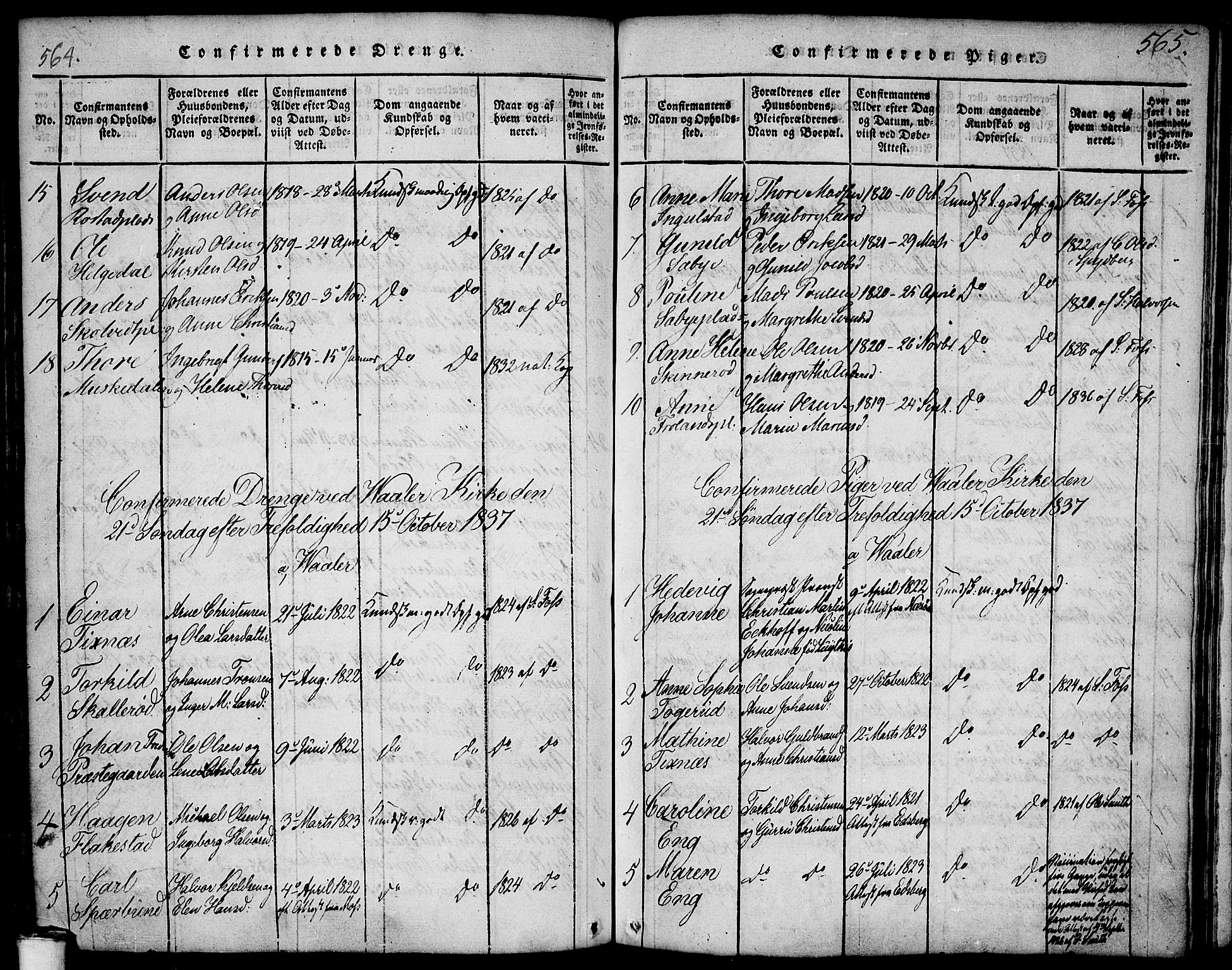 Våler prestekontor Kirkebøker, AV/SAO-A-11083/F/Fa/L0005: Parish register (official) no. I 5, 1815-1839, p. 564-565