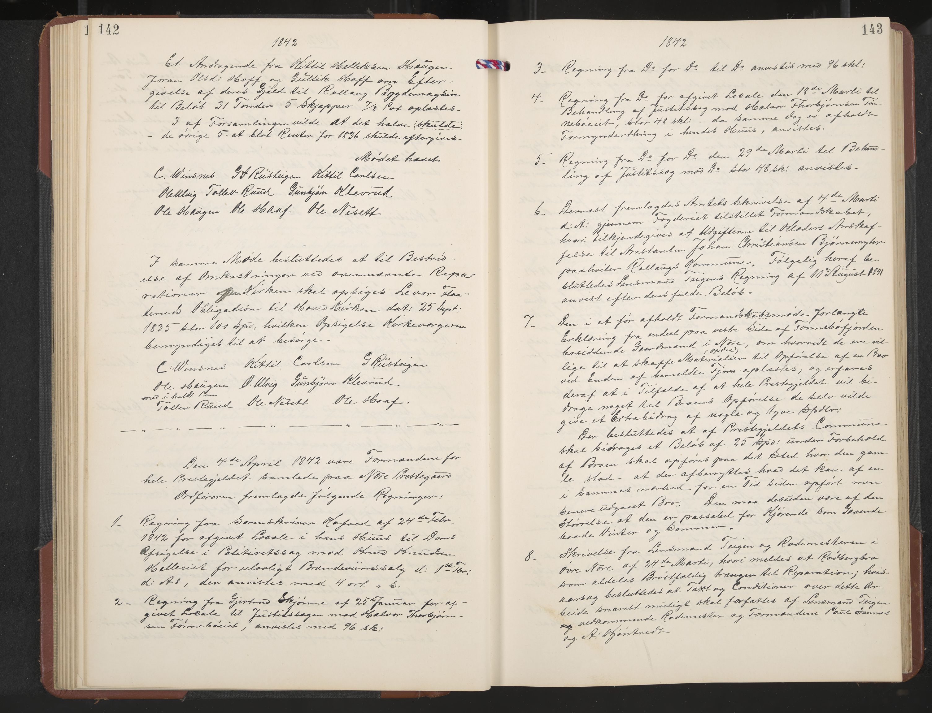 Rollag formannskap og sentraladministrasjon, IKAK/0632021-2/A/Aa/L0001: Møtebok med register, 1837-1859, p. 142-143