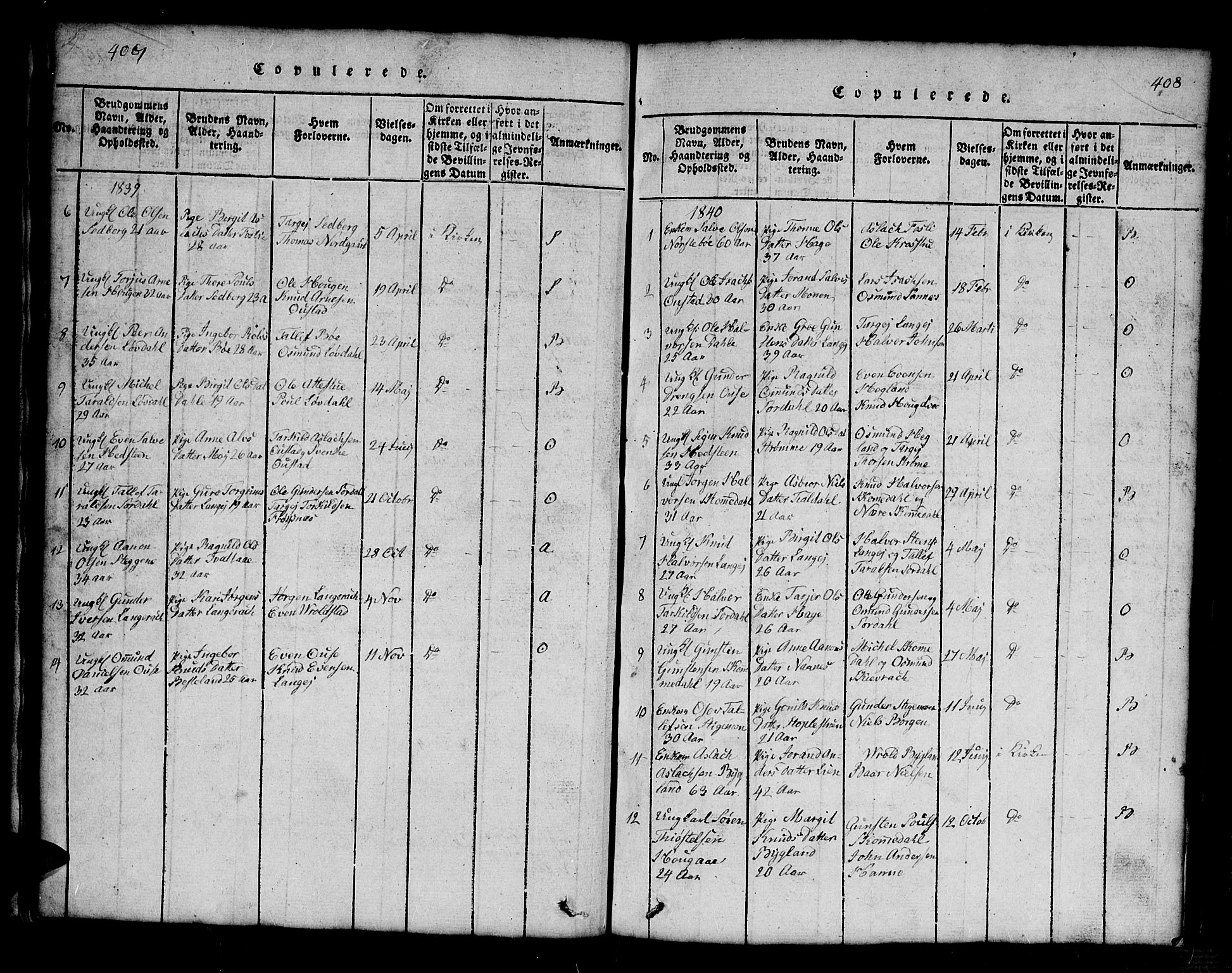 Bygland sokneprestkontor, SAK/1111-0006/F/Fb/Fbb/L0001: Parish register (copy) no. B 1, 1816-1843, p. 408-409