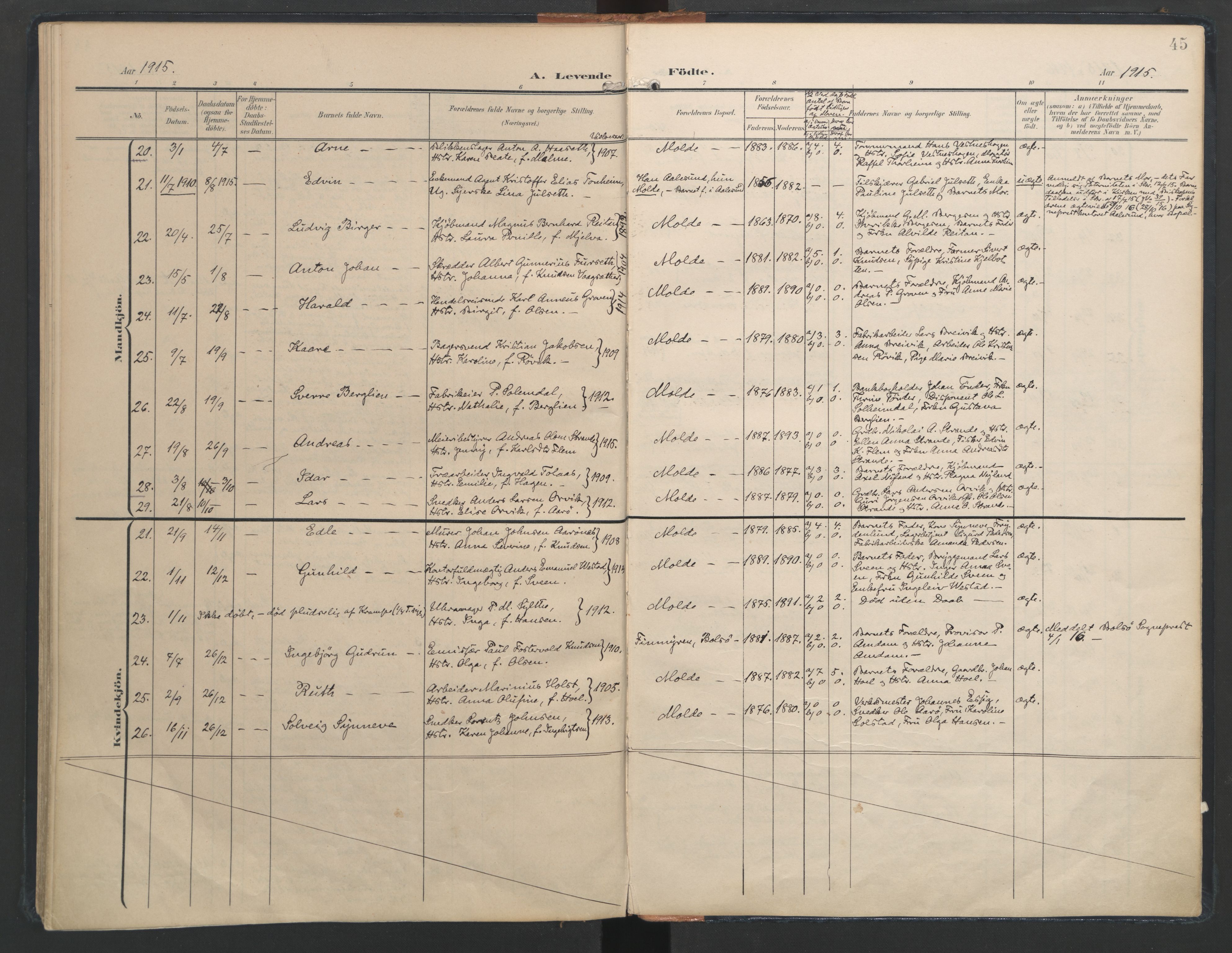 Ministerialprotokoller, klokkerbøker og fødselsregistre - Møre og Romsdal, AV/SAT-A-1454/558/L0693: Parish register (official) no. 558A07, 1903-1917, p. 45