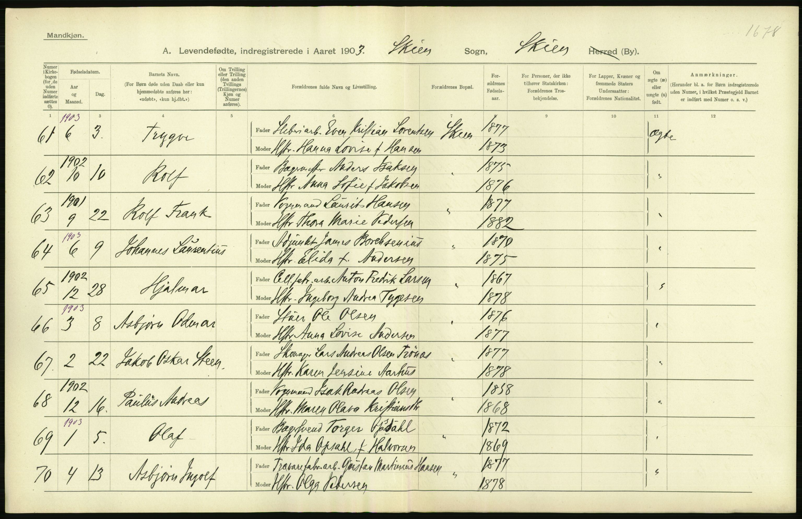 Statistisk sentralbyrå, Sosiodemografiske emner, Befolkning, AV/RA-S-2228/D/Df/Dfa/Dfaa/L0009: Bratsberg amt: Fødte, gifte, døde, 1903, p. 300
