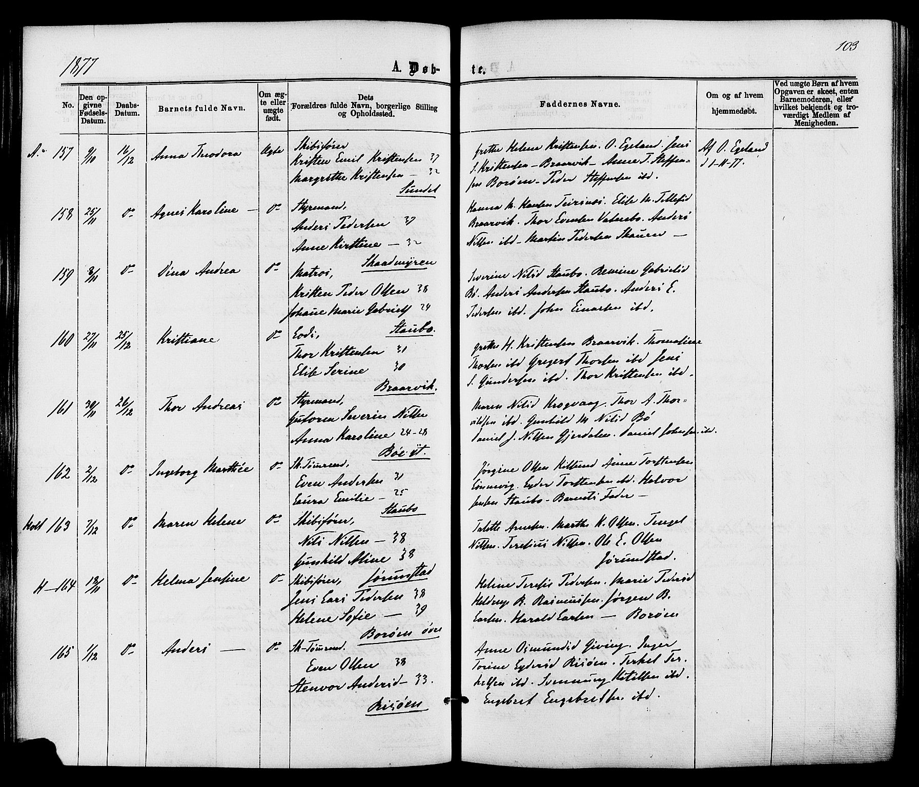 Dypvåg sokneprestkontor, SAK/1111-0007/F/Fa/Faa/L0007: Parish register (official) no. A 7/ 1, 1872-1884, p. 103