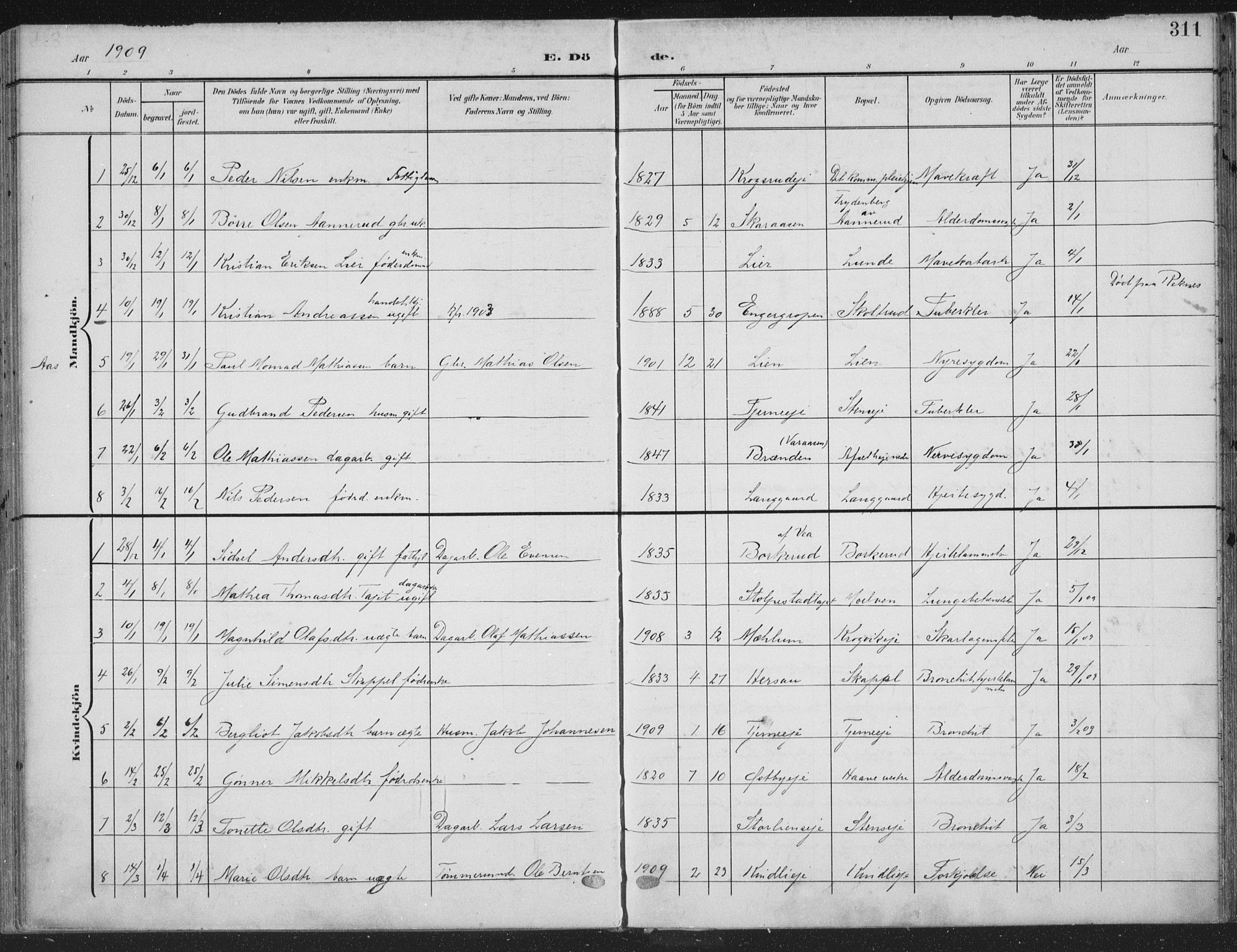Ringsaker prestekontor, SAH/PREST-014/K/Ka/L0018: Parish register (official) no. 18, 1903-1912, p. 311