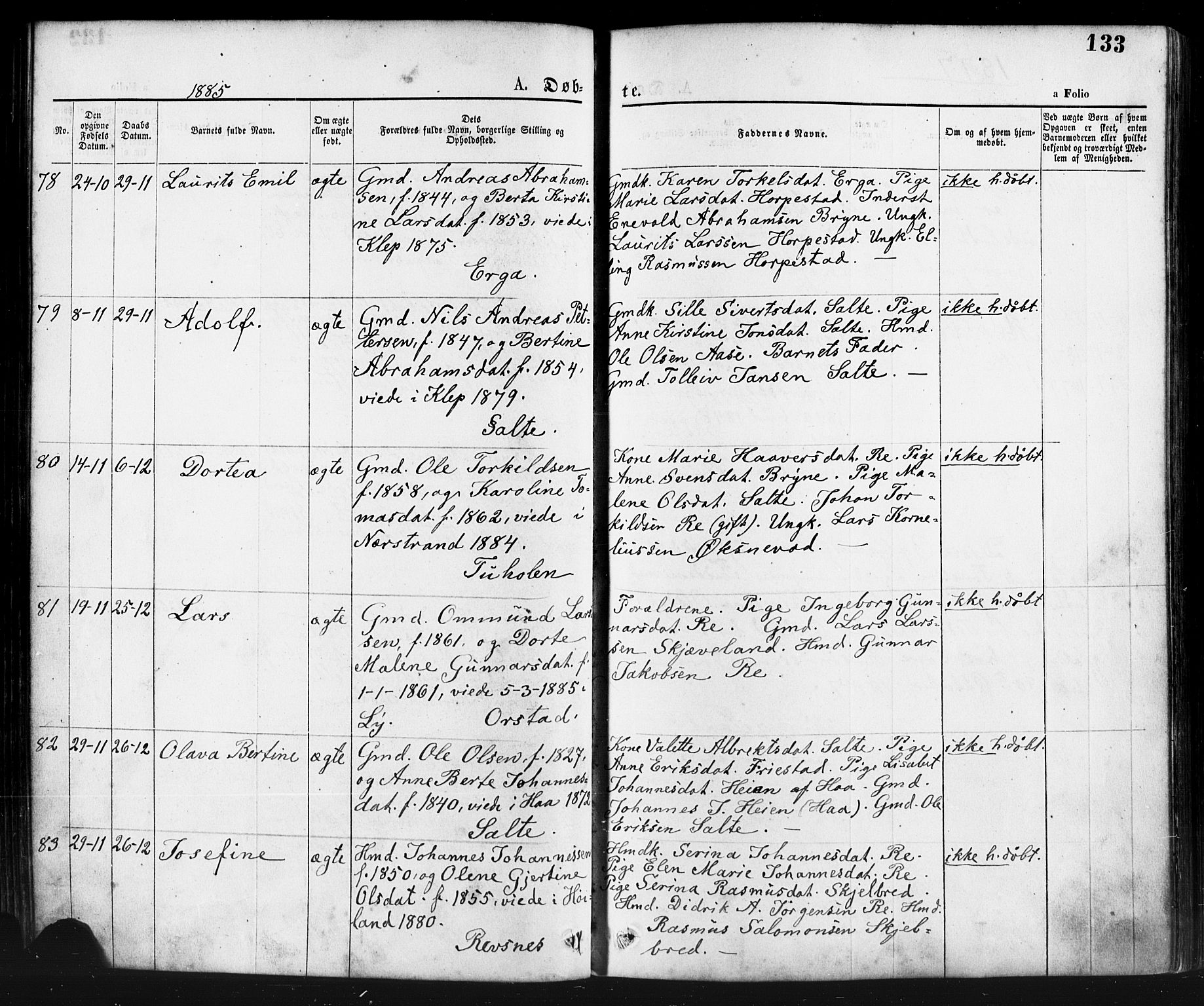 Klepp sokneprestkontor, AV/SAST-A-101803/001/3/30BA/L0006: Parish register (official) no. A 6, 1871-1885, p. 133