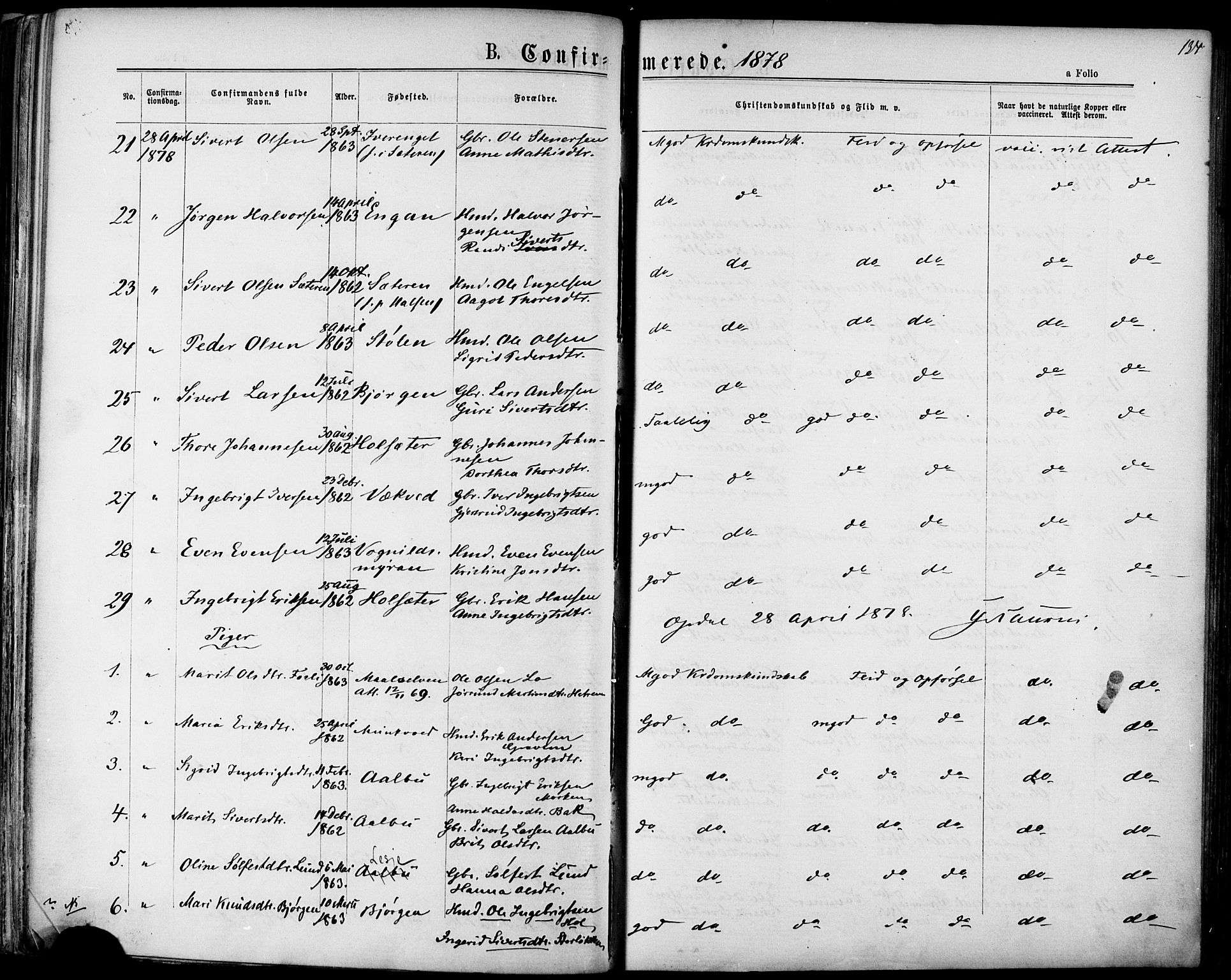 Ministerialprotokoller, klokkerbøker og fødselsregistre - Sør-Trøndelag, AV/SAT-A-1456/678/L0900: Parish register (official) no. 678A09, 1872-1881, p. 134