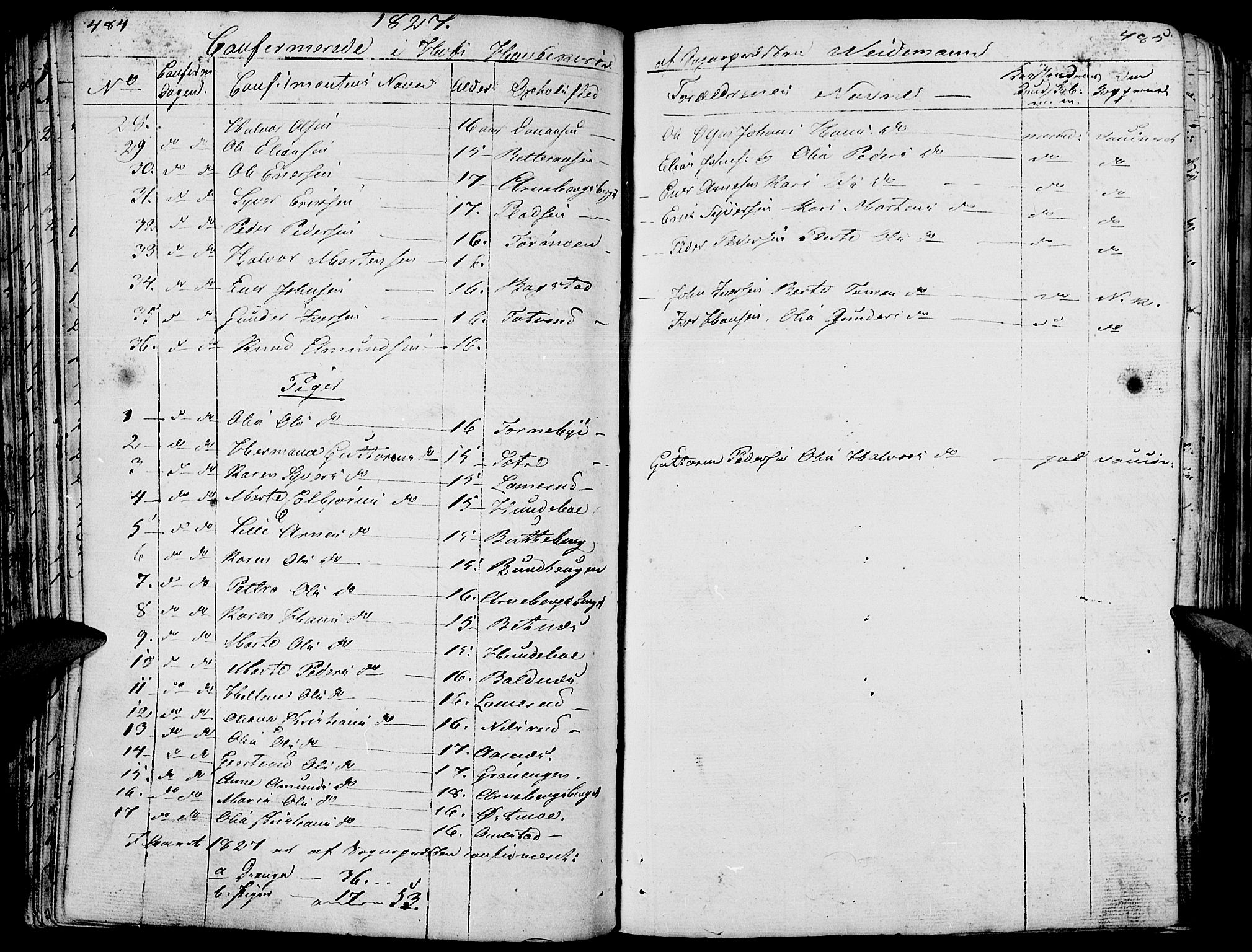 Hof prestekontor, SAH/PREST-038/H/Ha/Haa/L0006: Parish register (official) no. 6, 1822-1841, p. 484-485