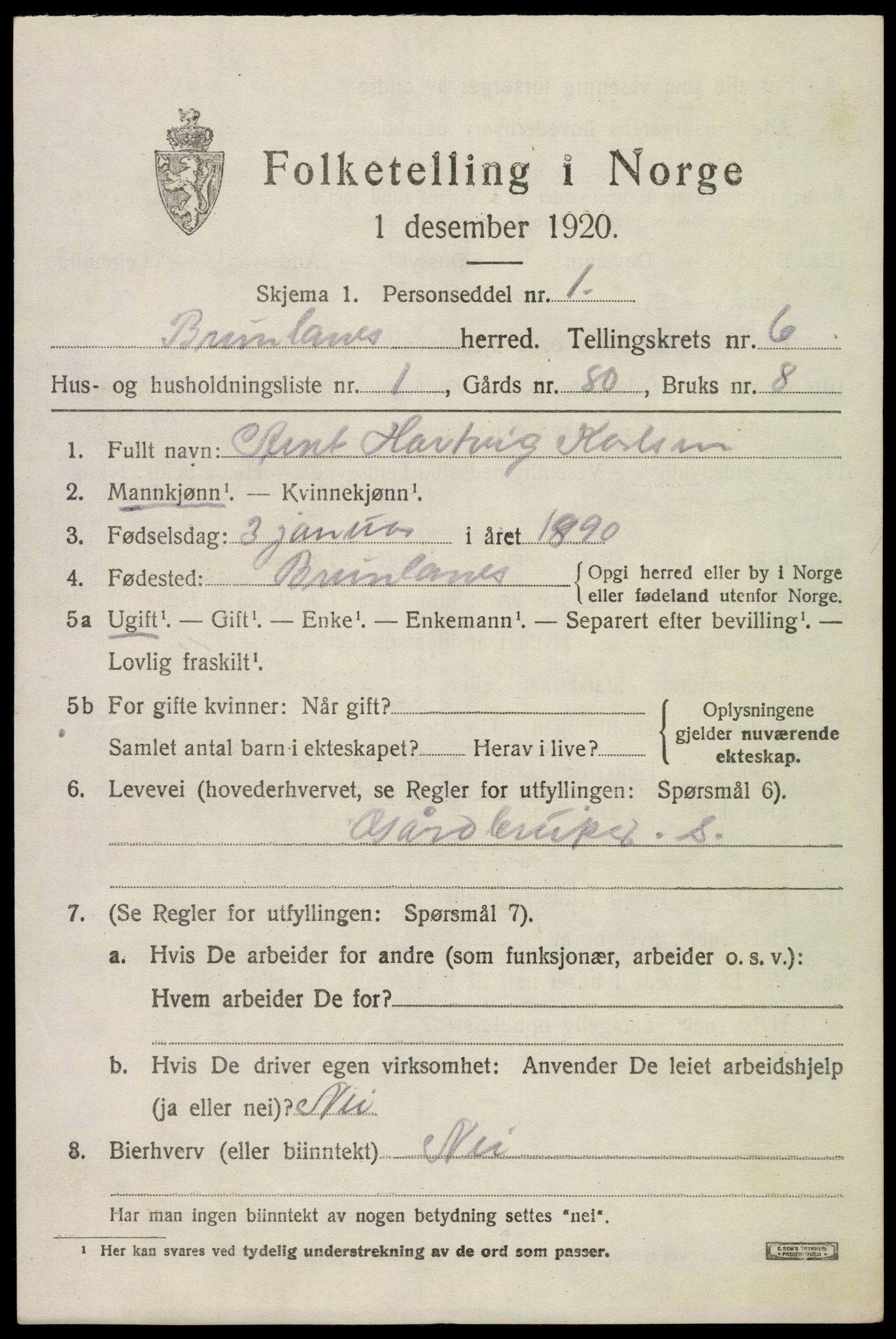 SAKO, 1920 census for Brunlanes, 1920, p. 6759