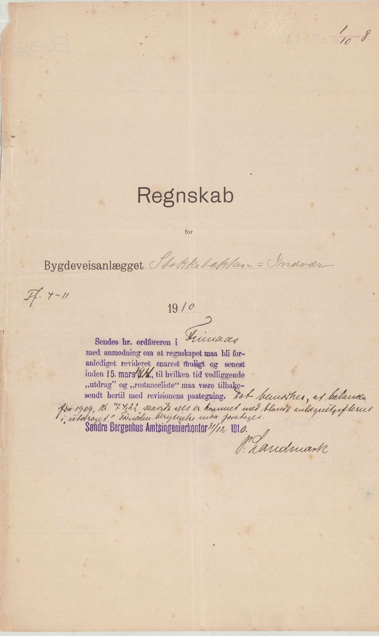 Finnaas kommune. Formannskapet, IKAH/1218a-021/E/Ea/L0001/0001: Rekneskap for veganlegg / Rekneskap for veganlegget Indvær - Stokkabakken, 1910-1915, p. 4