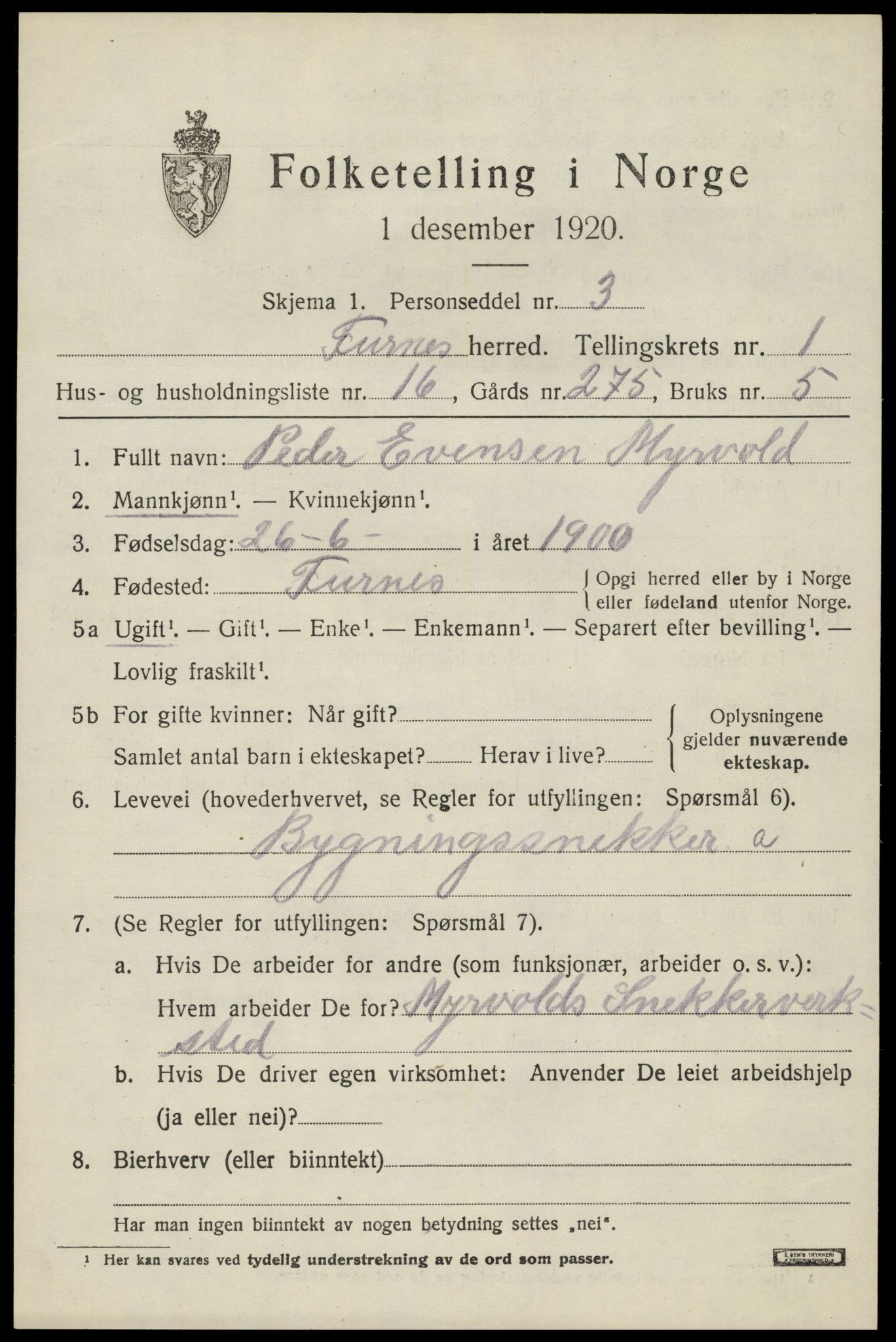 SAH, 1920 census for Furnes, 1920, p. 1825