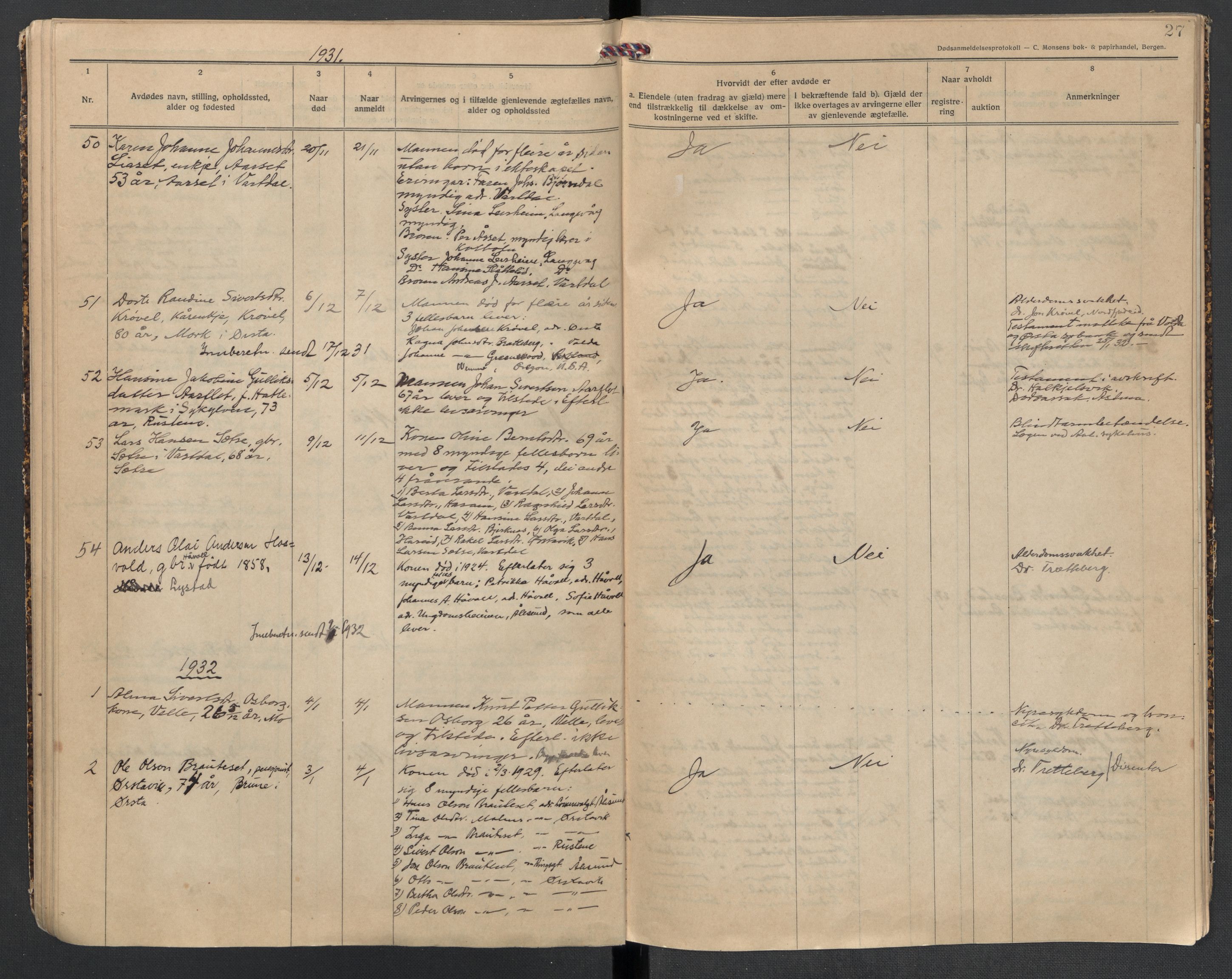 Ørsta lensmannskontor, AV/SAT-A-5670/1/02/L0002: 2.1.02 - Dødsfallsprotokoll, 1924-1933, p. 27