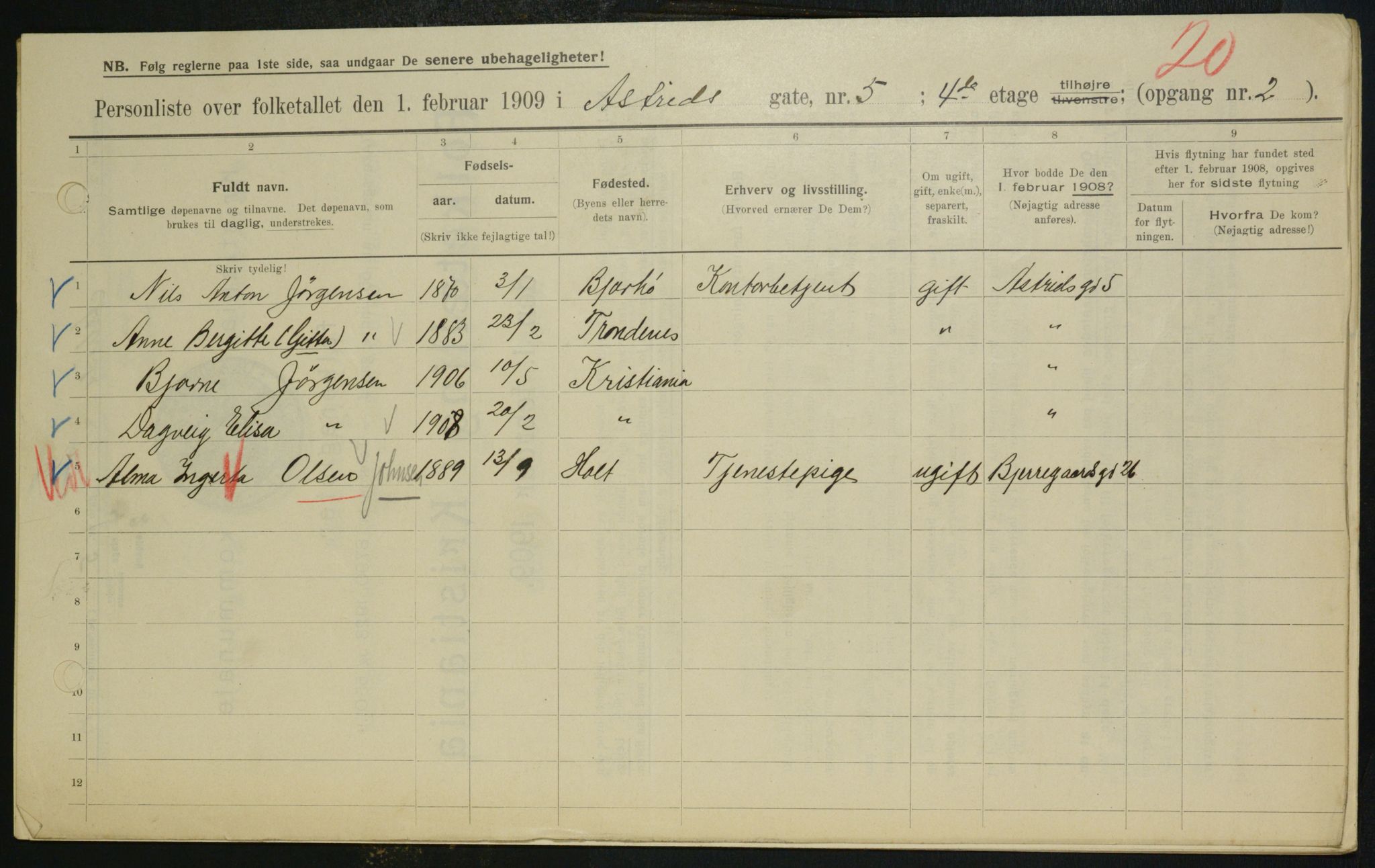 OBA, Municipal Census 1909 for Kristiania, 1909, p. 15583