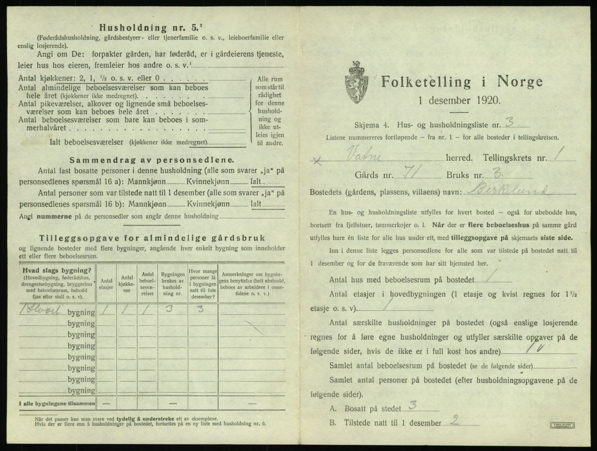 SAT, 1920 census for Vatne, 1920, p. 44