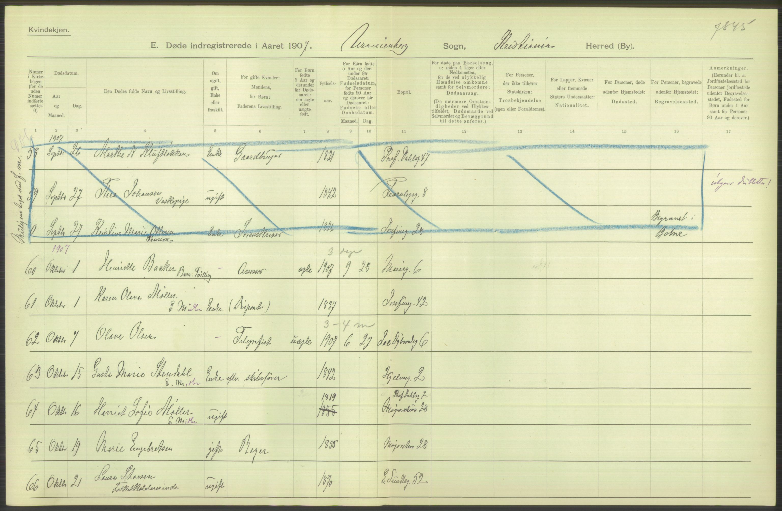 Statistisk sentralbyrå, Sosiodemografiske emner, Befolkning, AV/RA-S-2228/D/Df/Dfa/Dfae/L0009: Kristiania: Døde, 1907, p. 324