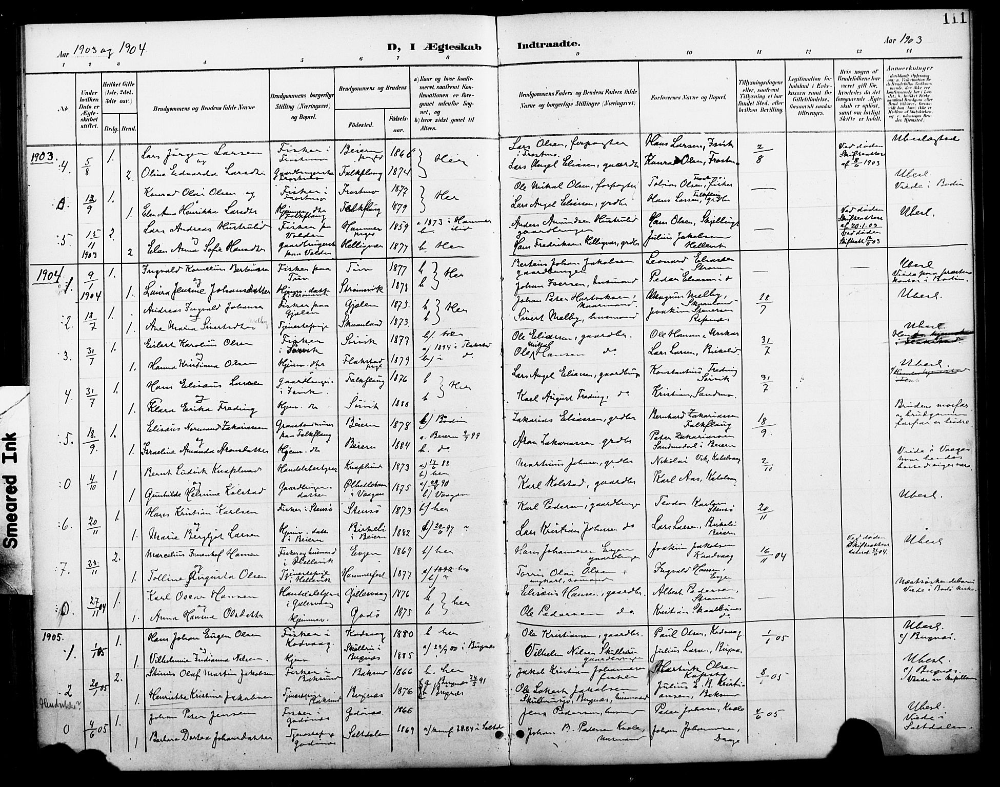 Ministerialprotokoller, klokkerbøker og fødselsregistre - Nordland, SAT/A-1459/804/L0088: Parish register (copy) no. 804C01, 1901-1917, p. 111