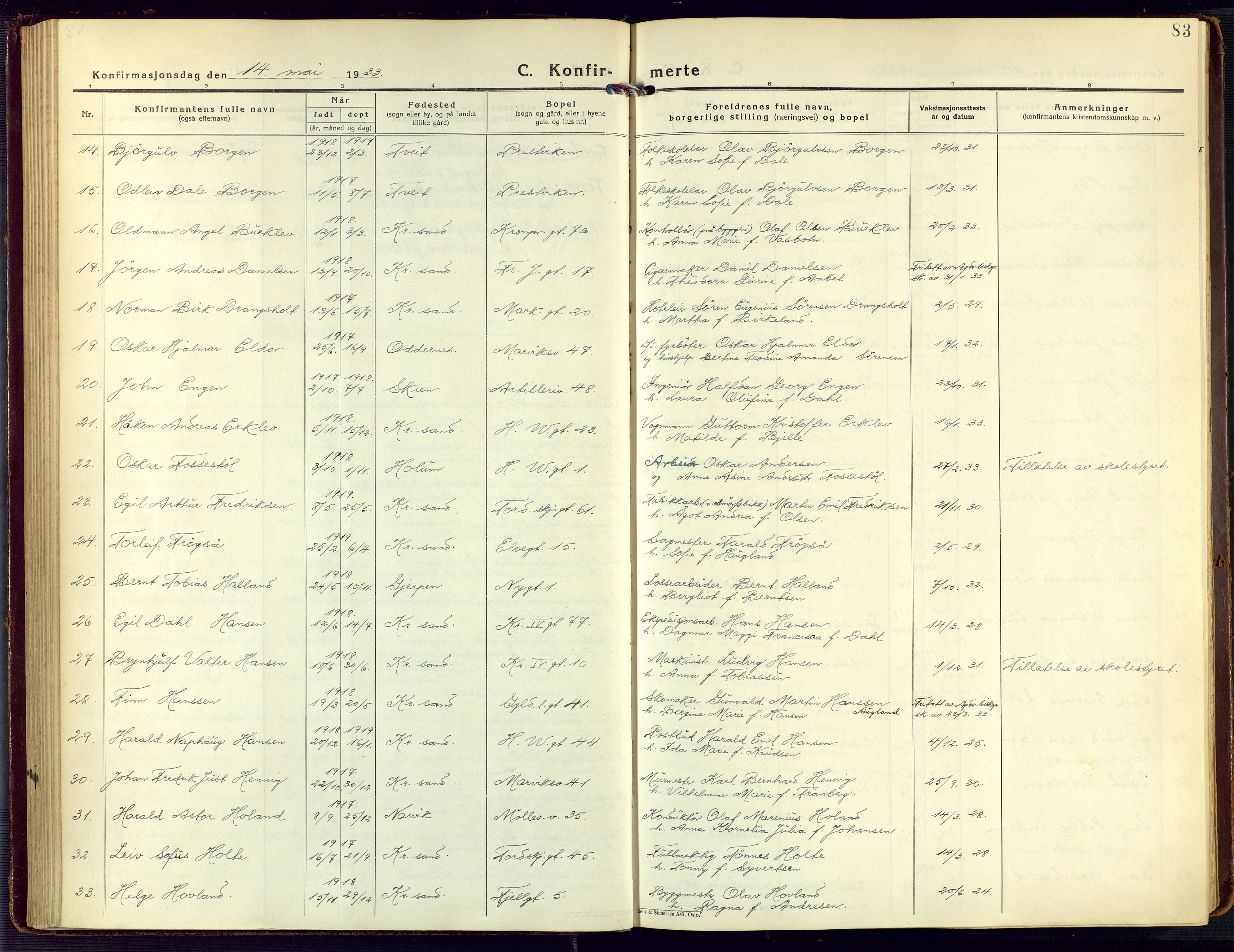 Kristiansand domprosti, AV/SAK-1112-0006/F/Fa/L0027: Parish register (official) no. A 26, 1928-1940, p. 83