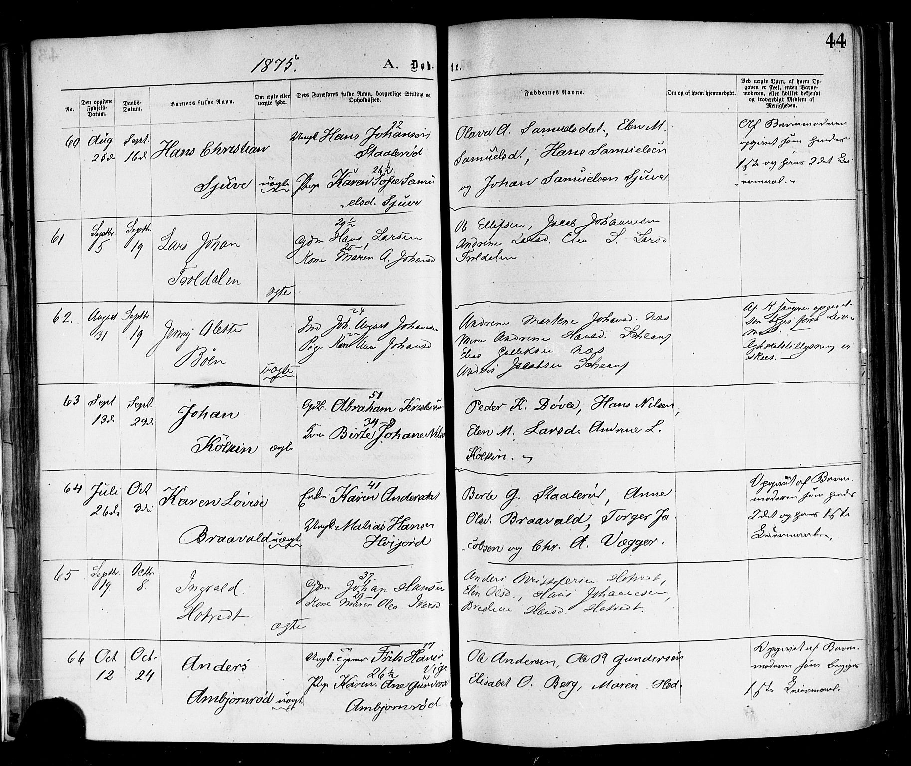 Andebu kirkebøker, SAKO/A-336/F/Fa/L0006: Parish register (official) no. 6, 1871-1878, p. 44