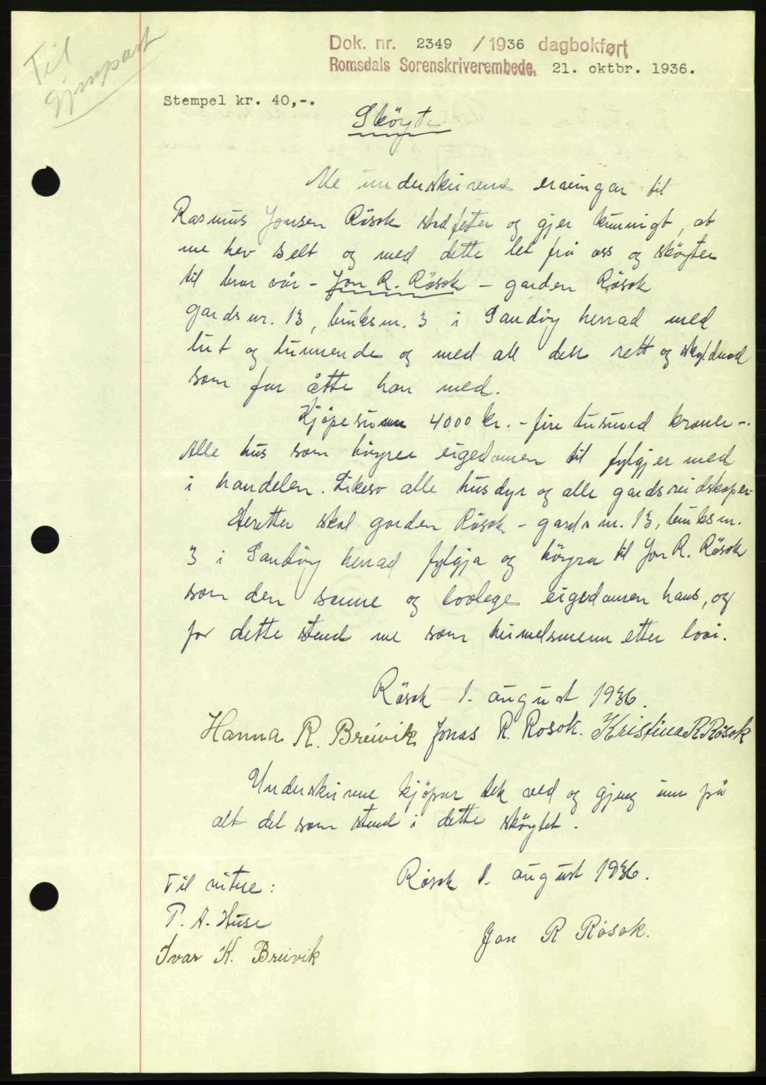 Romsdal sorenskriveri, SAT/A-4149/1/2/2C: Mortgage book no. A2, 1936-1937, Diary no: : 2349/1936