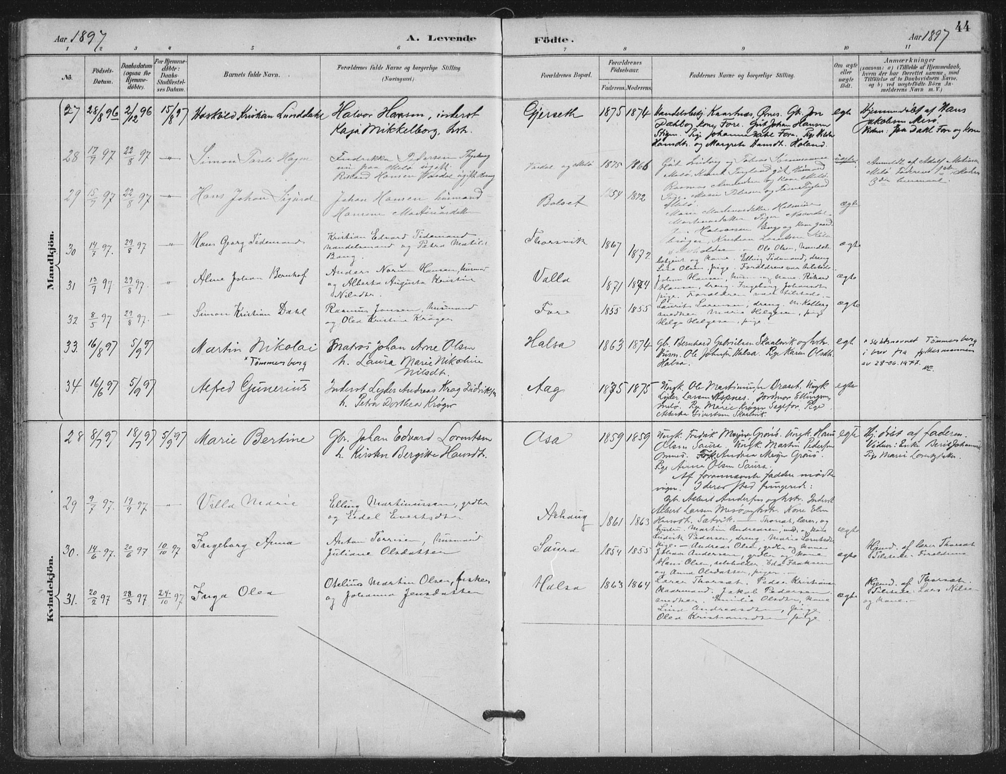 Ministerialprotokoller, klokkerbøker og fødselsregistre - Nordland, AV/SAT-A-1459/843/L0628: Parish register (official) no. 843A03, 1889-1907, p. 44