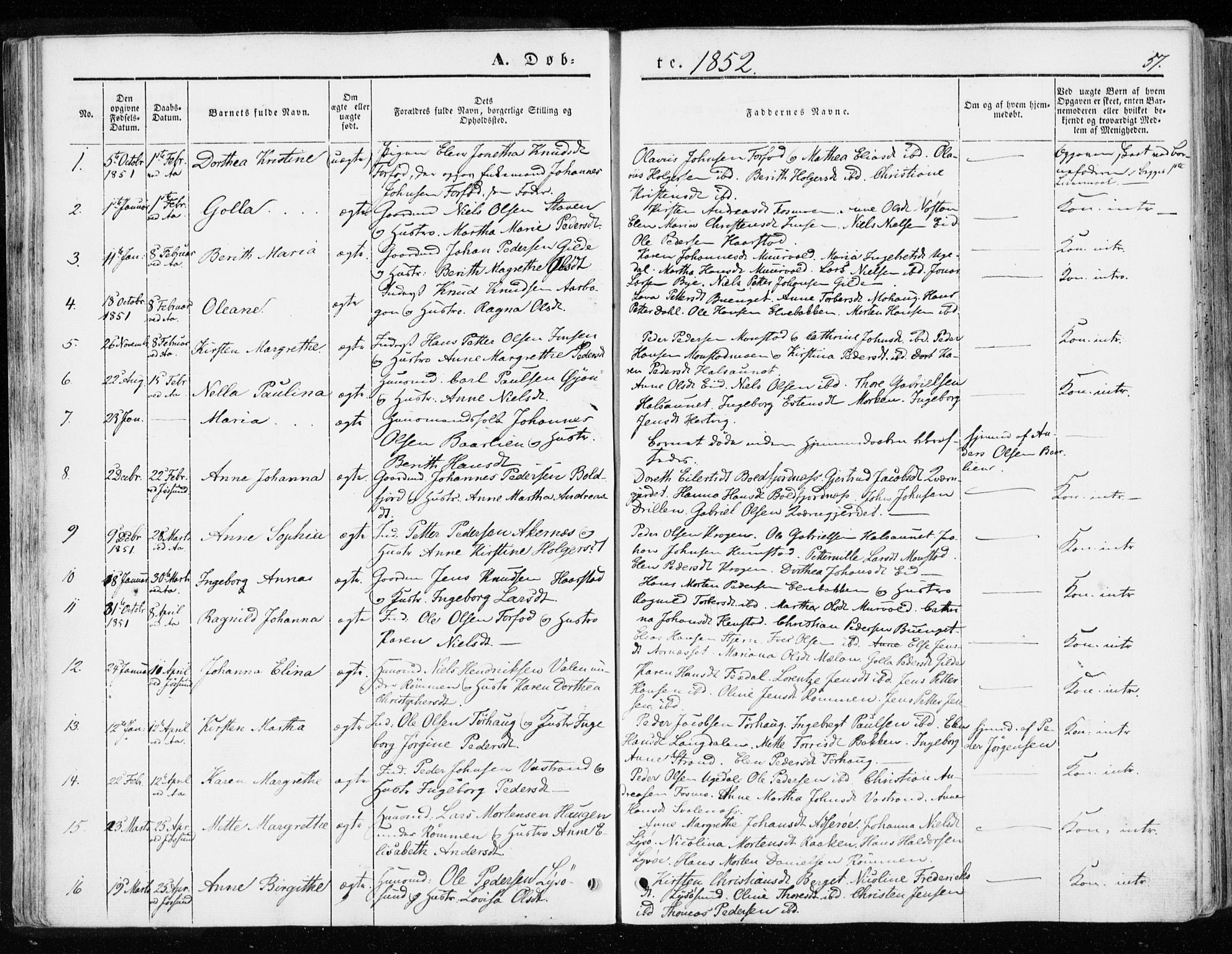 Ministerialprotokoller, klokkerbøker og fødselsregistre - Sør-Trøndelag, SAT/A-1456/655/L0677: Parish register (official) no. 655A06, 1847-1860, p. 57