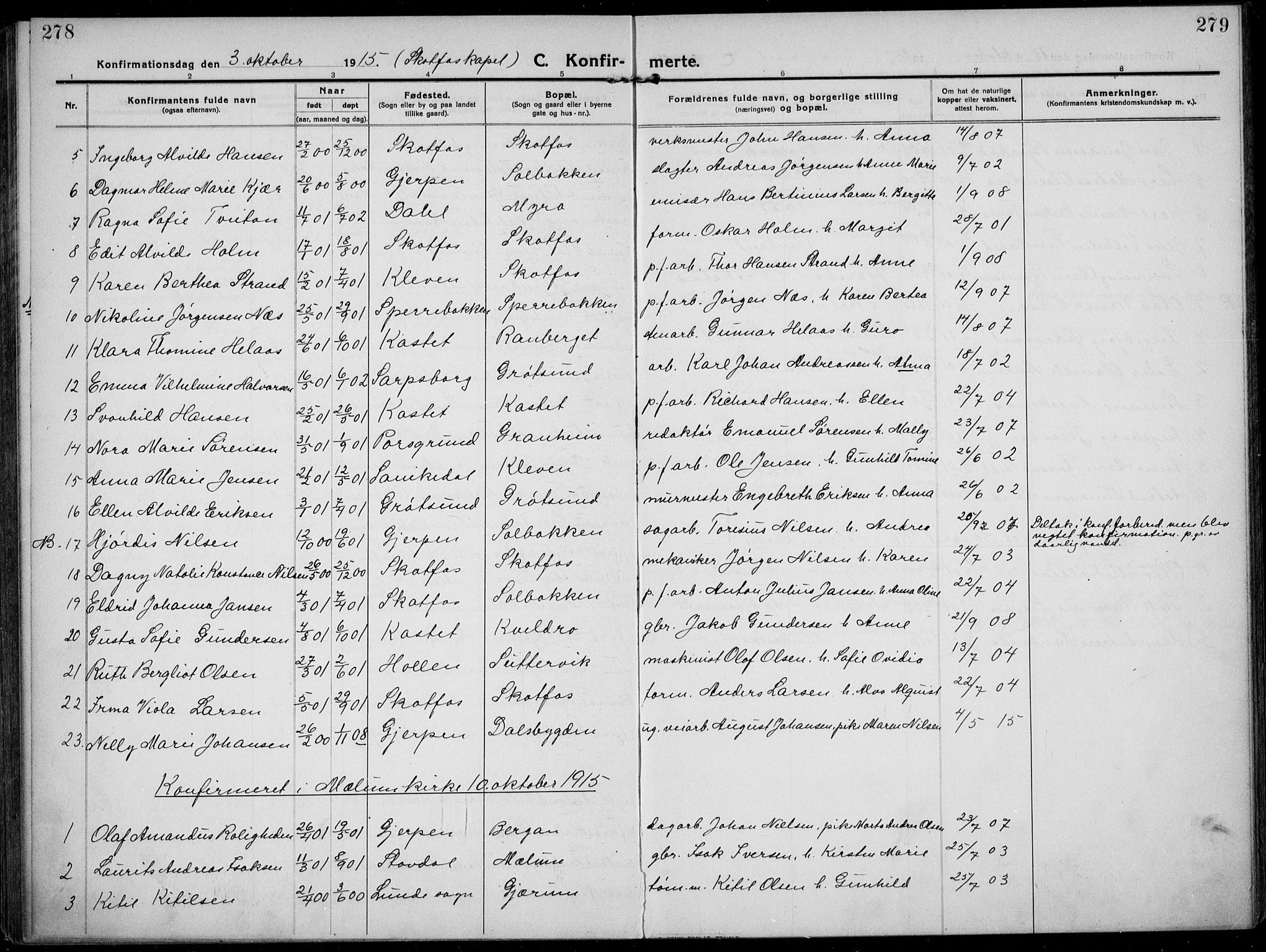 Solum kirkebøker, SAKO/A-306/F/Fb/L0004: Parish register (official) no. II 4, 1913-1924, p. 278-279