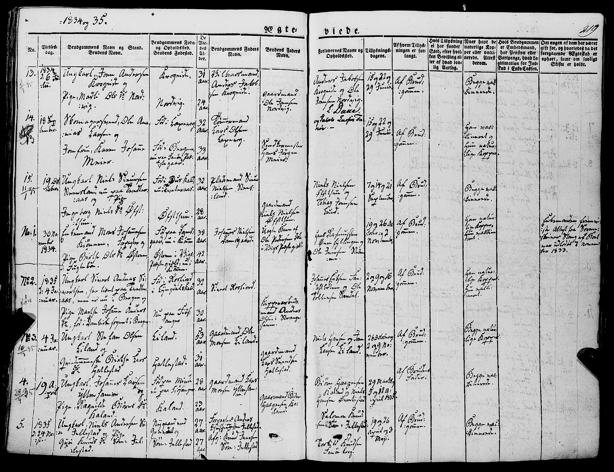 Fana Sokneprestembete, SAB/A-75101/H/Haa/Haaa/L0008: Parish register (official) no. A 8, 1829-1851, p. 219