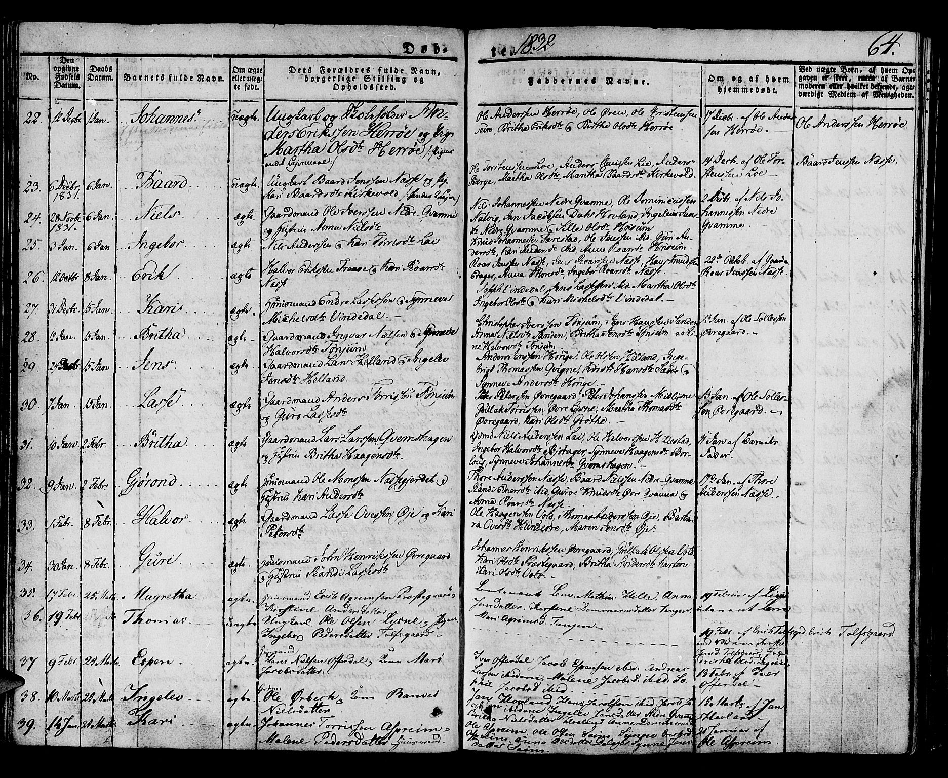 Lærdal sokneprestembete, AV/SAB-A-81201: Parish register (official) no. A 5, 1822-1834, p. 64