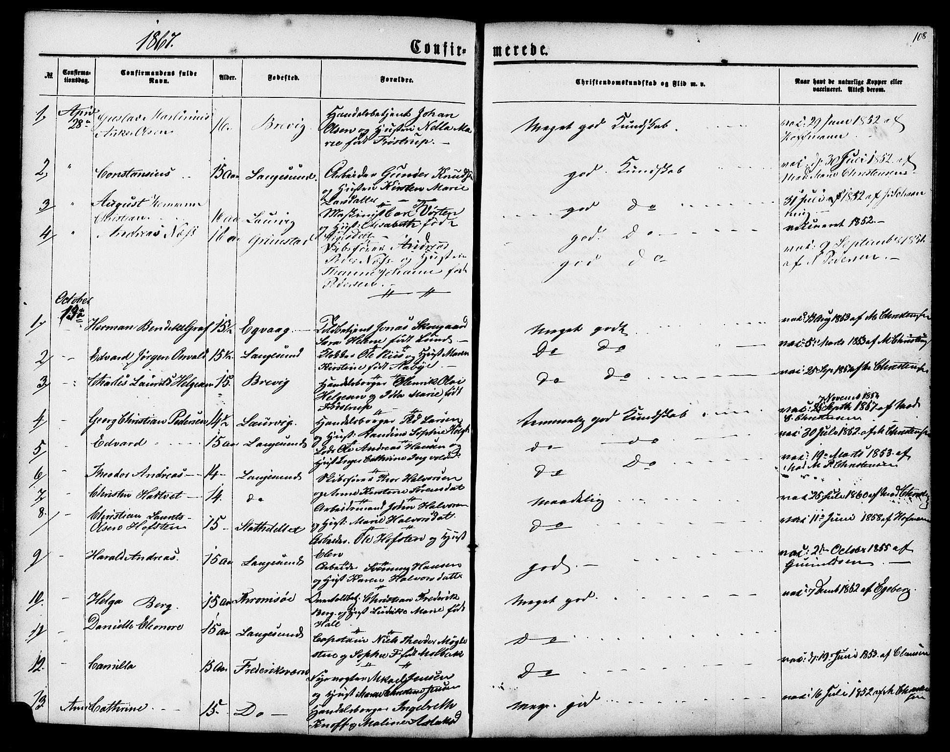 Langesund kirkebøker, AV/SAKO-A-280/G/Ga/L0004: Parish register (copy) no. 4, 1859-1884, p. 108